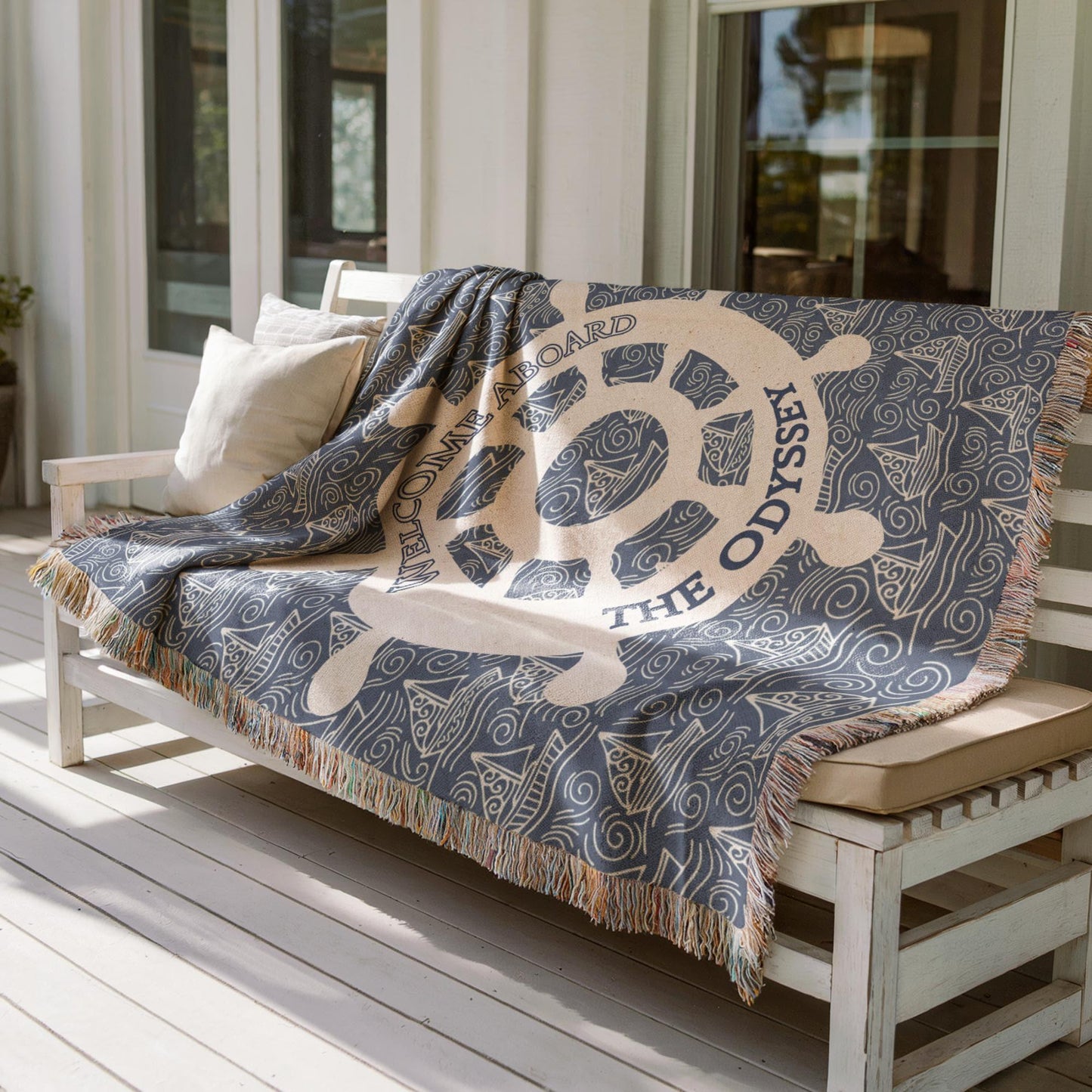 Nautical Woven Blanket – Custom Boat Name Cotton Throw | Coastal Home Decor