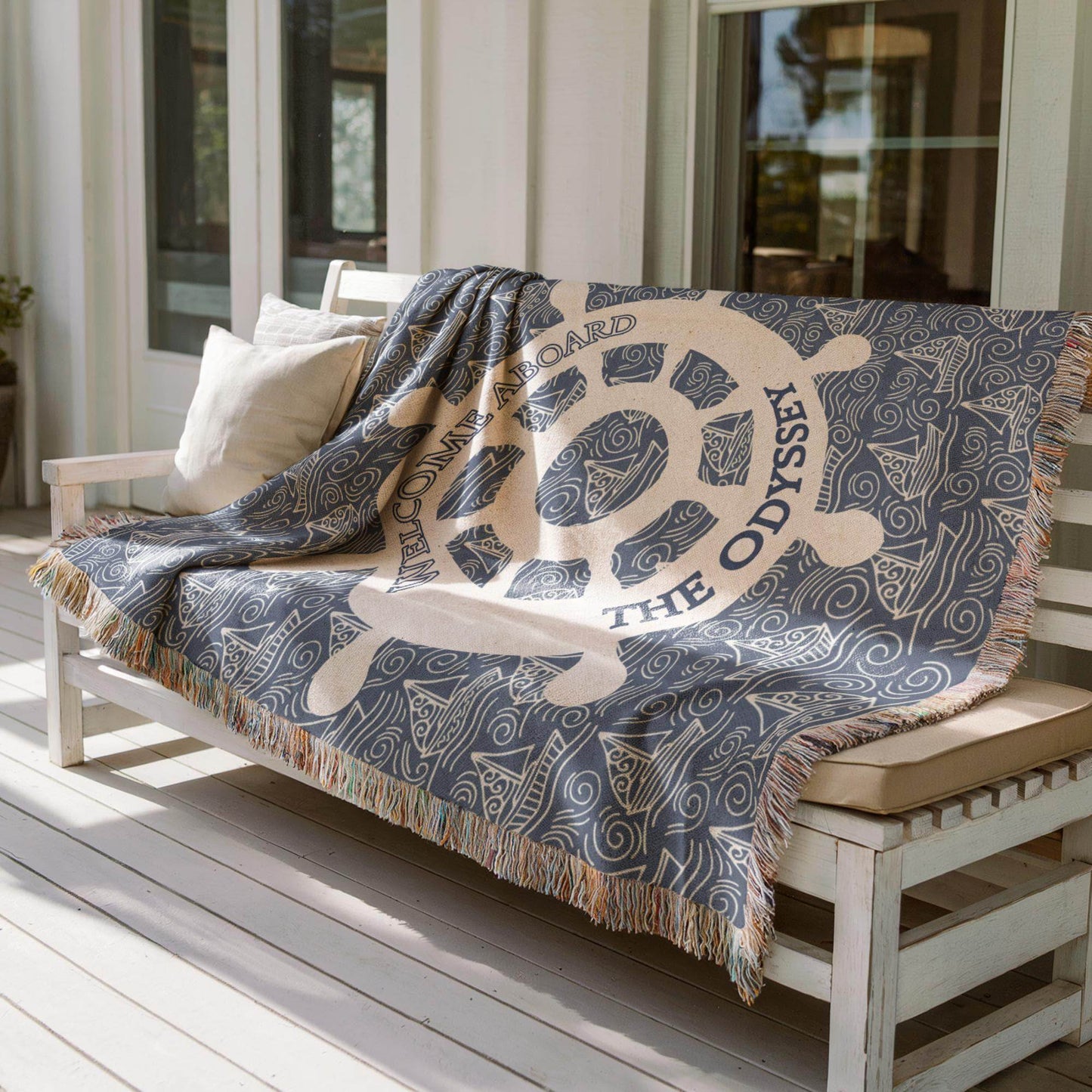 Nautical Woven Blanket – Custom Boat Name Cotton Throw | Coastal Home Decor - timelessbohochic.com
