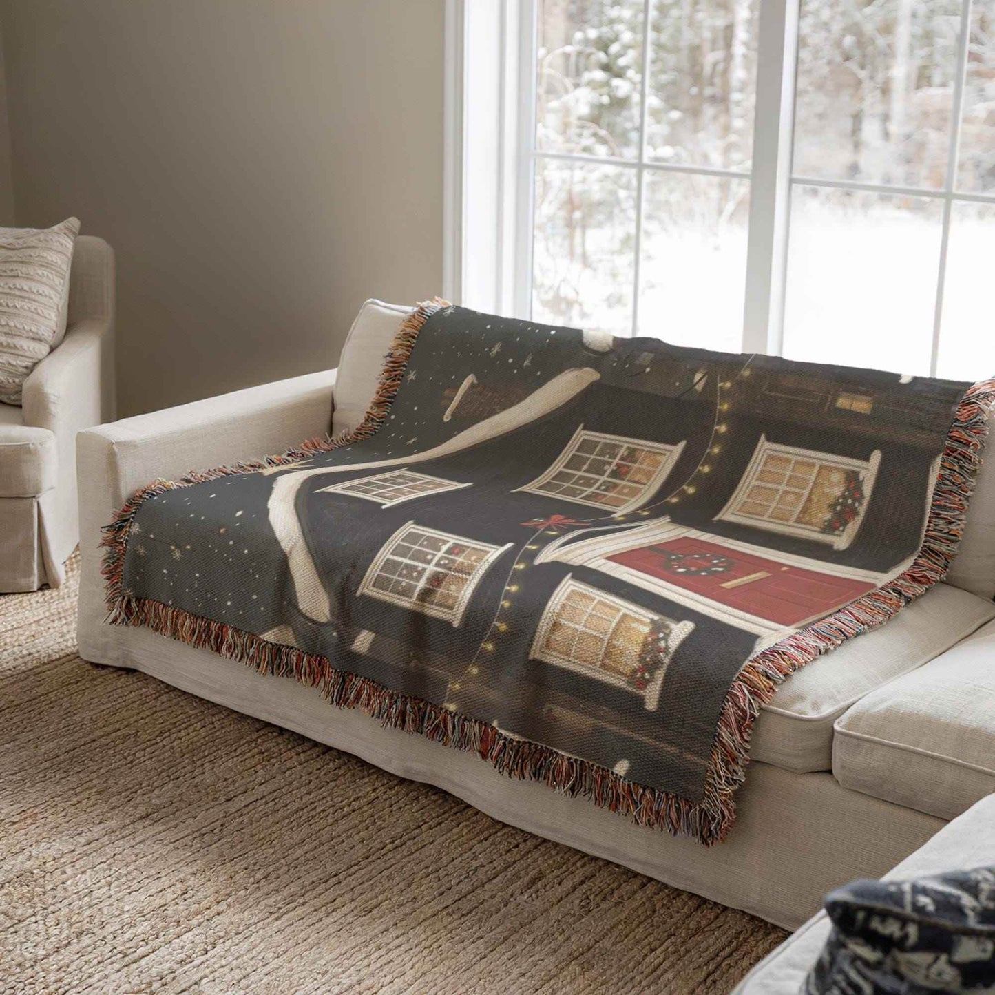 Christmas Throw Blanket – Cozy Woven Cotton Holiday Village Design Blanket - timelessbohochic.com