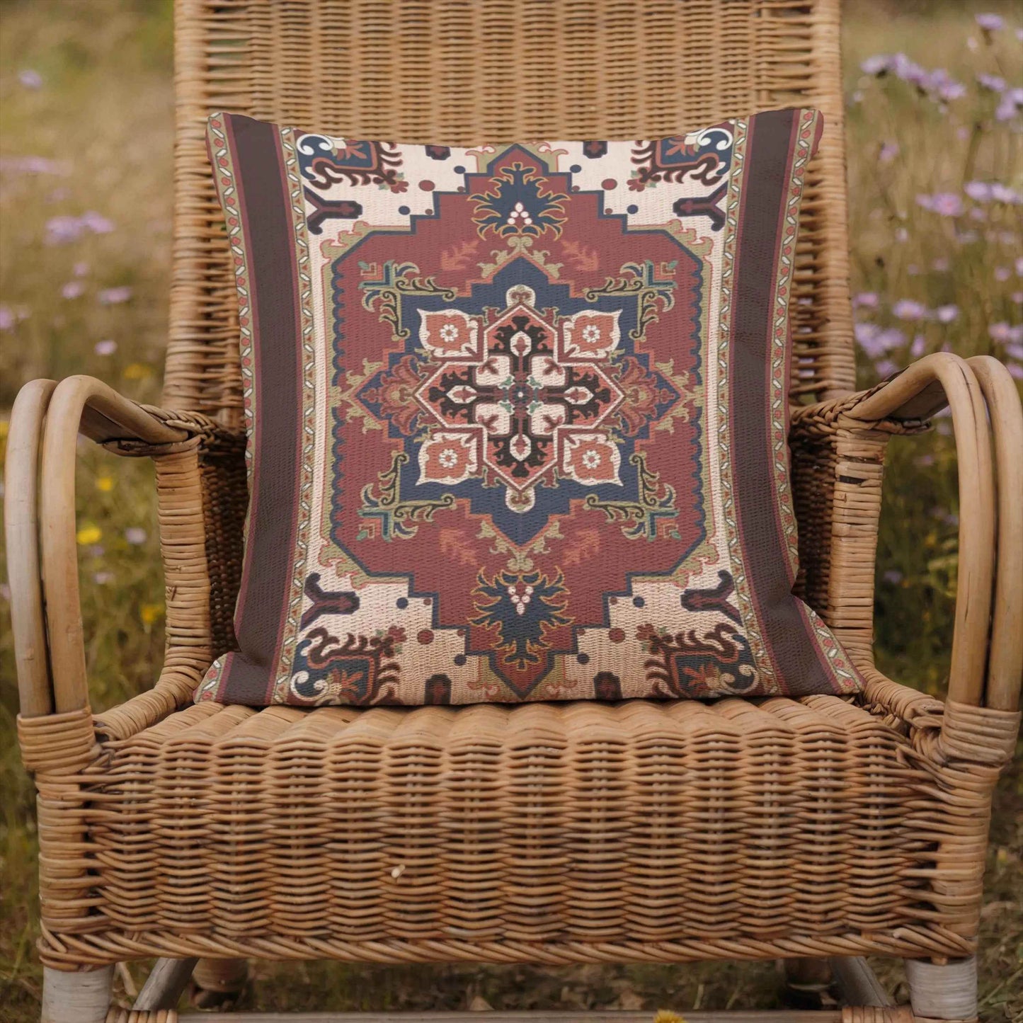 Persian Rug Pillow – Woven Decorative Boho Throw Pillow With Rust Blue Beige Pattern - timelessbohochic.com