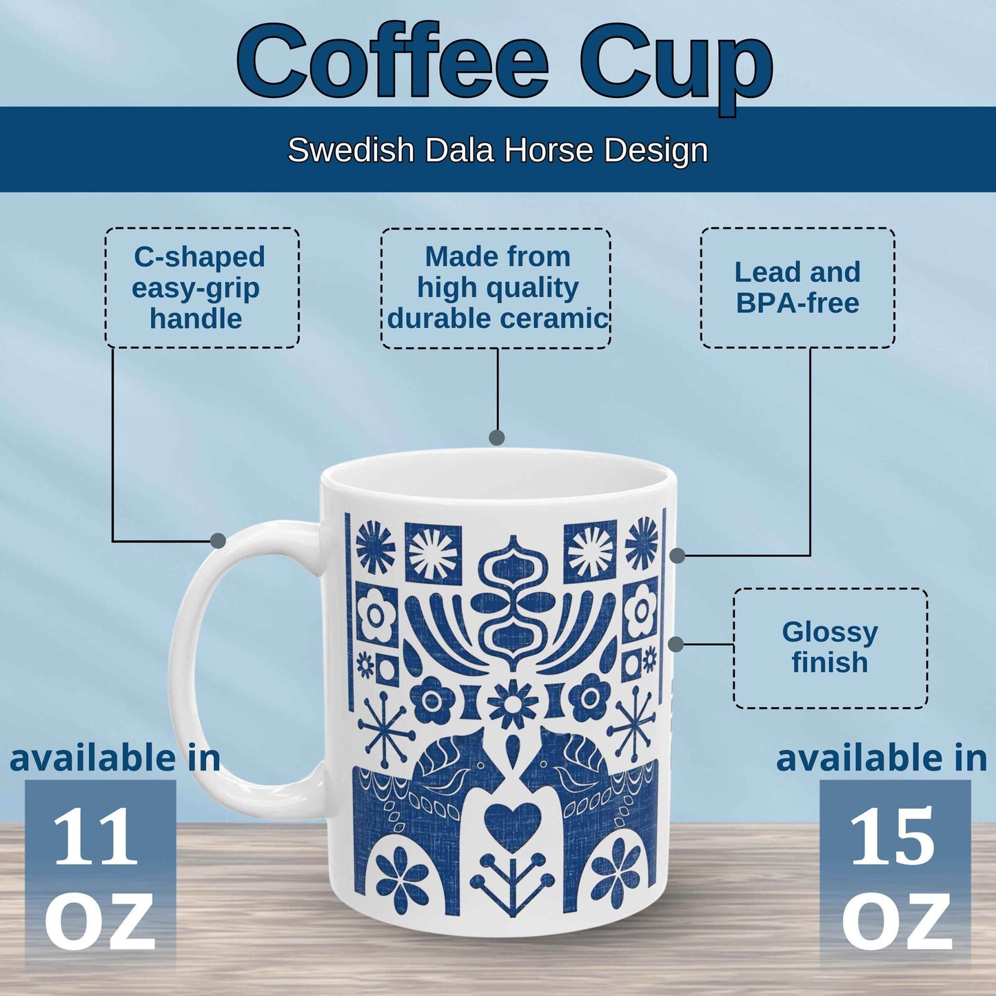 Blue Dala Horse Mug - Personalized Ceramic Coffee Cup | Unique Dad Gift - timelessbohochic.com