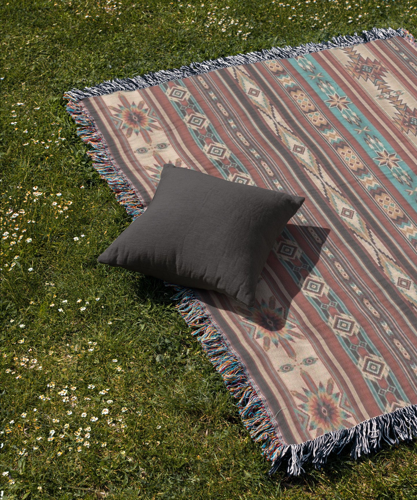 Navajo Pattern Bedding - Southwestern Bed Cover With Colorful Fringed Blanket