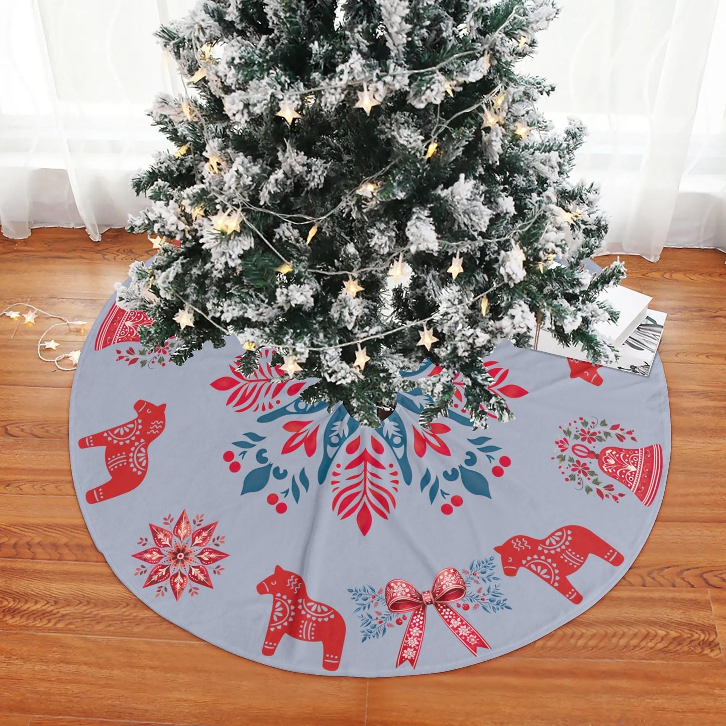 Scandi Christmas Tree Skirt – Nordic Holiday Decor With Dala Horse & Coquette Bow