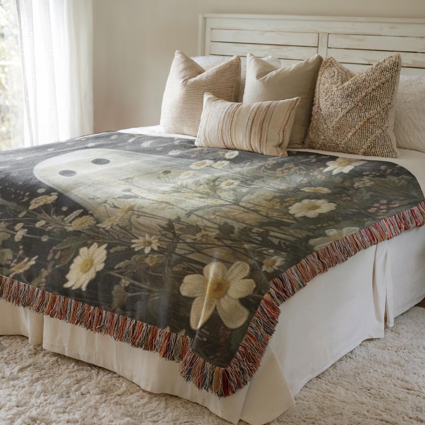 Ghost Meadow Blanket – Floral Wildflower Throw With Soft Fringed Edges