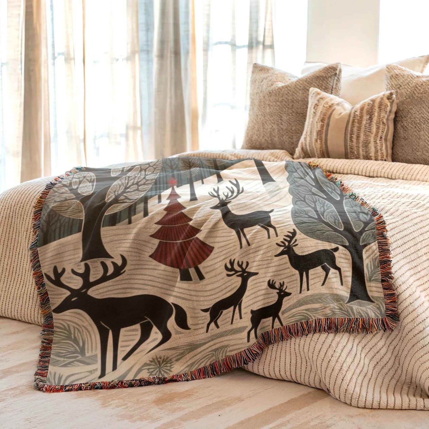Christmas Bed Throw - Cozy Woven Cotton Blanket With Reindeer Gift - timelessbohochic.com