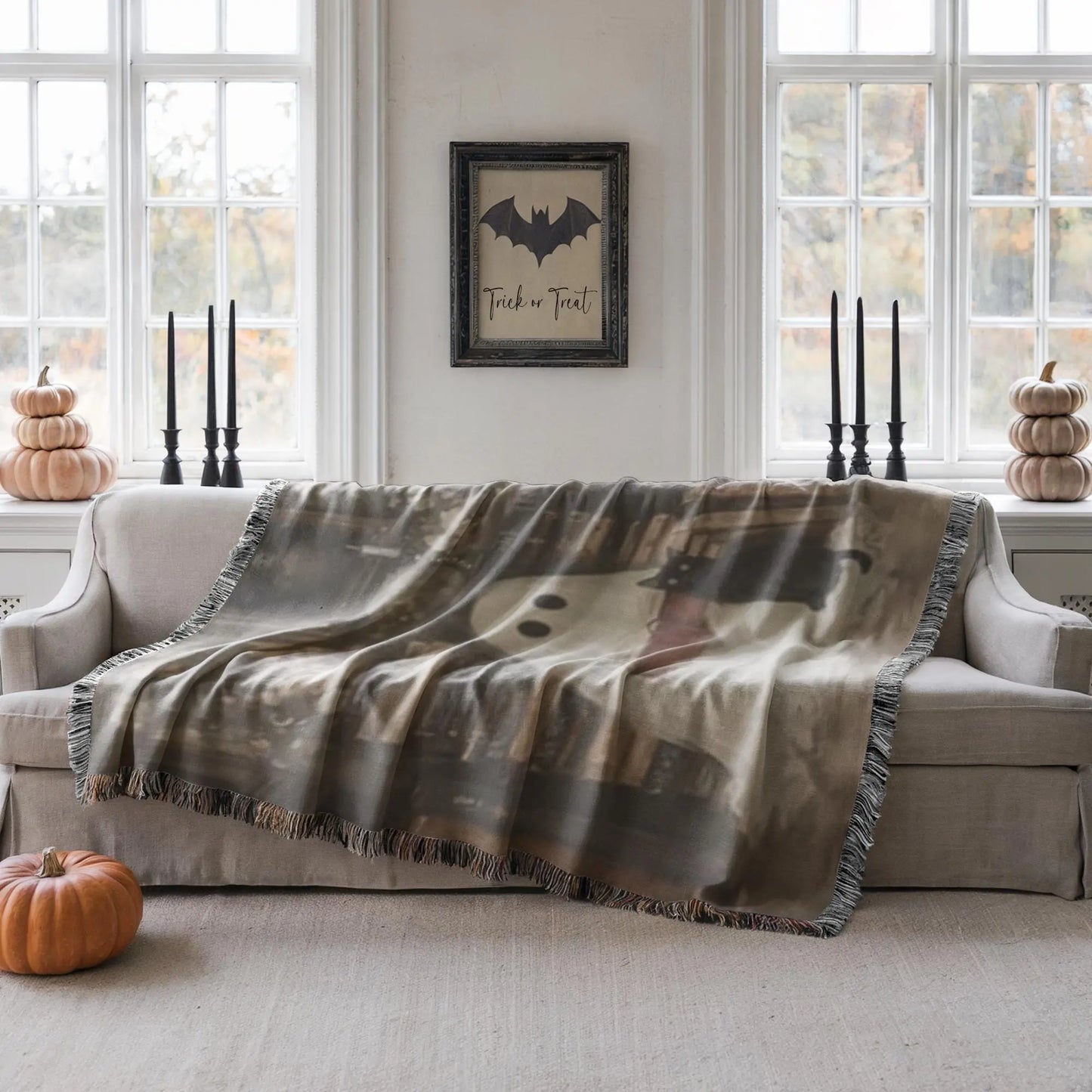 Ghost Book Blanket – Soft Cotton Throw | Cat Cozy Throw | Halloween Home Decor