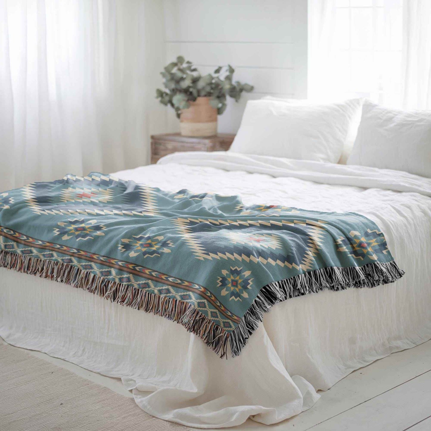 Boho Cotton Blanket - Navajo Pattern Throw With Colorful Fringed Edges - timelessbohochic.com