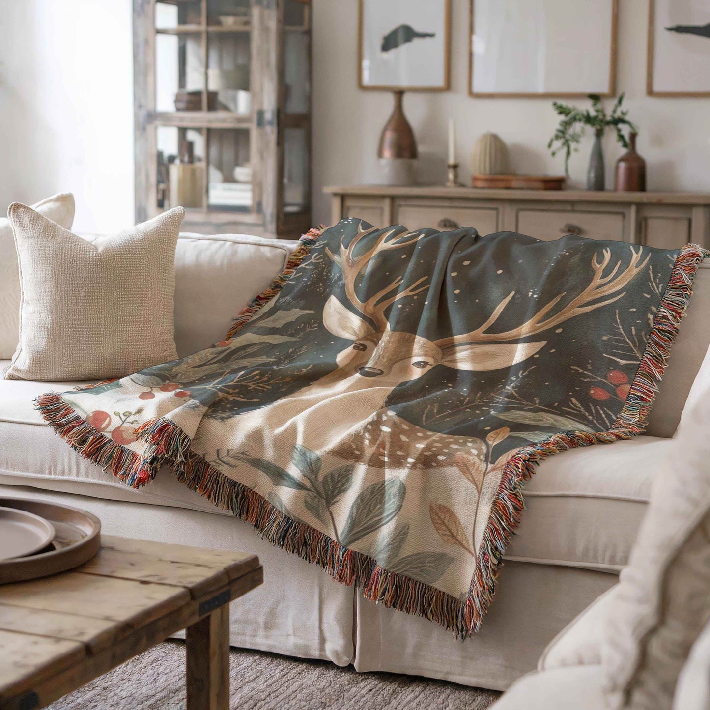 Woodland Animal Throw | Cozy Winter Blanket With Bambi & Holly Design - Rustic Cotton - timelessbohochic.com