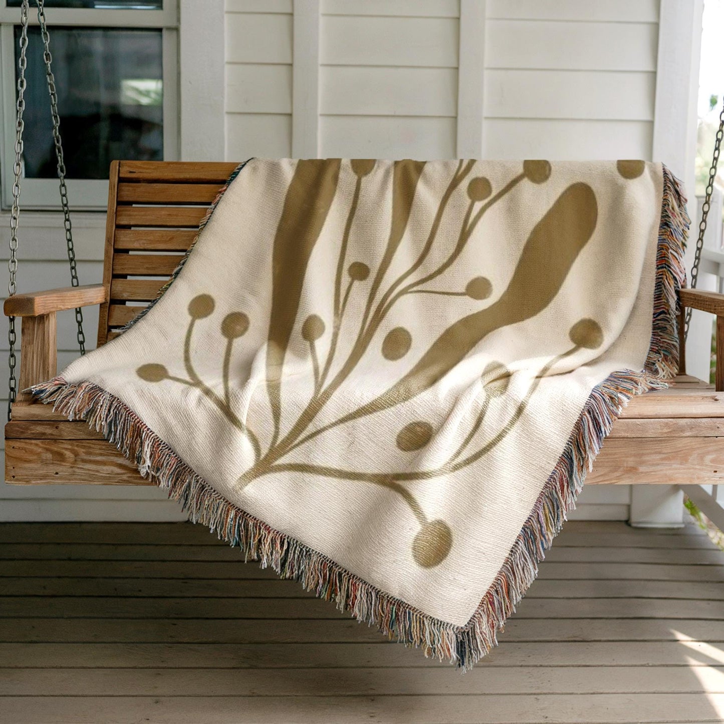 Mid Century Modern Throw Blanket - Linden Leaf Design Cotton Woven Throw for Garden Patio
