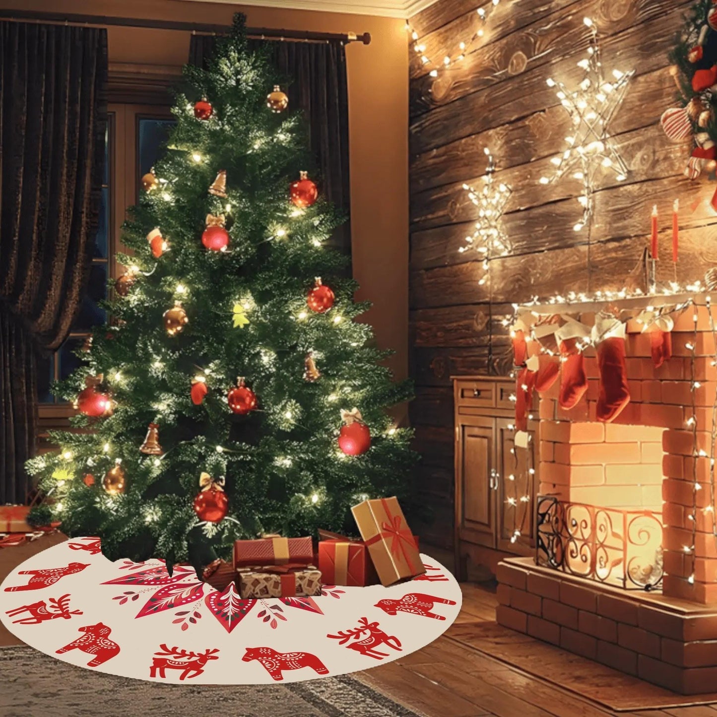 Nordic Christmas Tree Skirt – Scandinavian Holiday Decor with Dala Horse & Reindeer