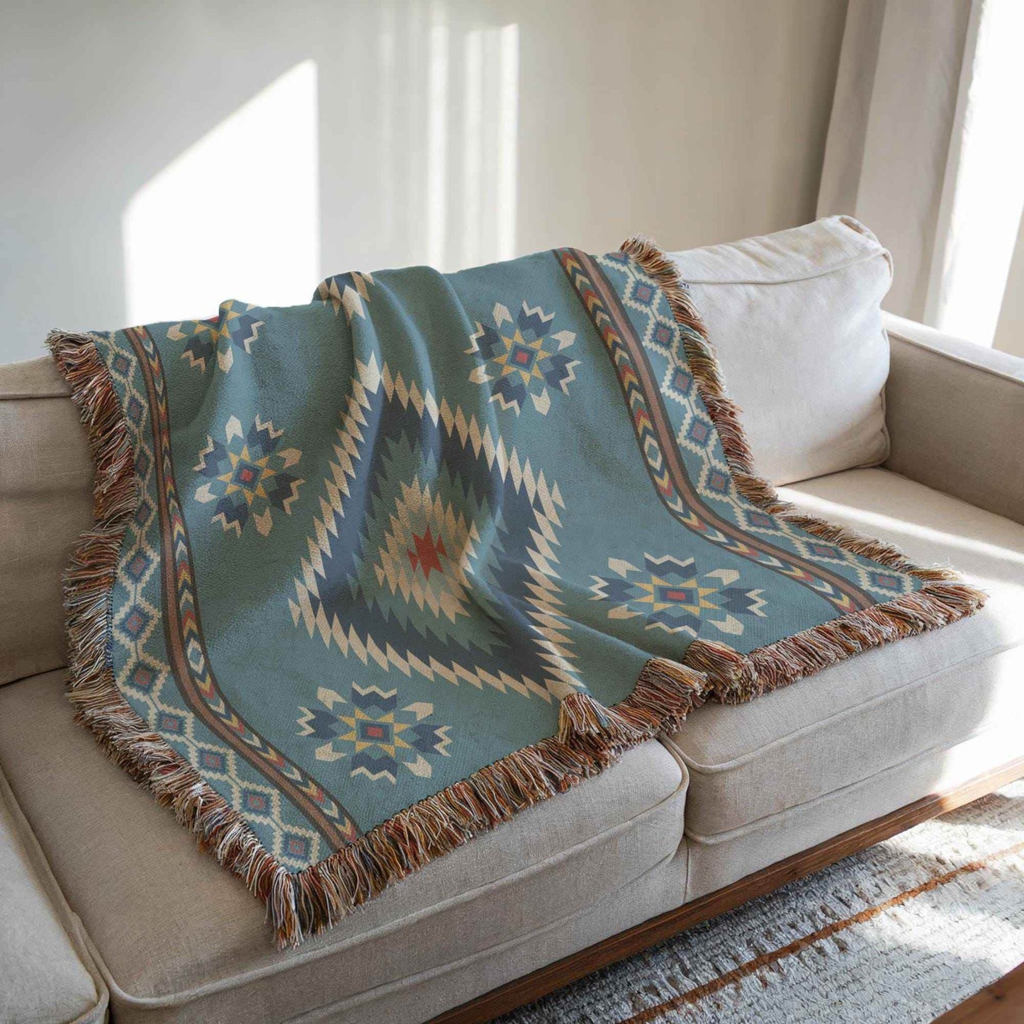Southwestern Cotton Blanket - Navajo Design Throw With Fringed Edge Blanket - timelessbohochic.com