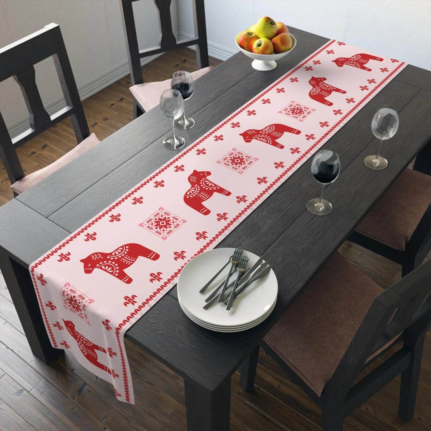 Scandinavian Table Runner – Nordic Christmas Decor with Dala Horse & Winter Star Pattern - timelessbohochic.com