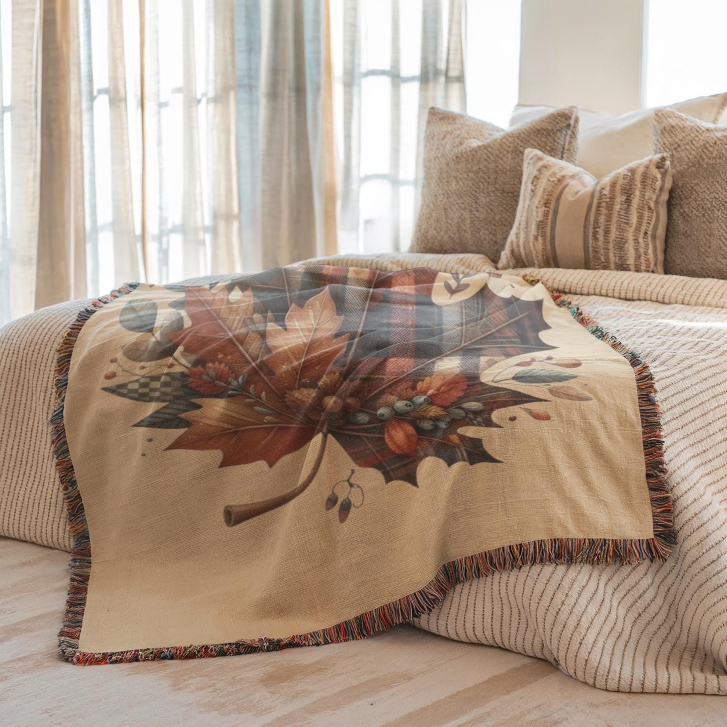 Plaid Fall Blanket – Cozy Cotton Throw with Tartan Leaf Pattern & Fringed Edges