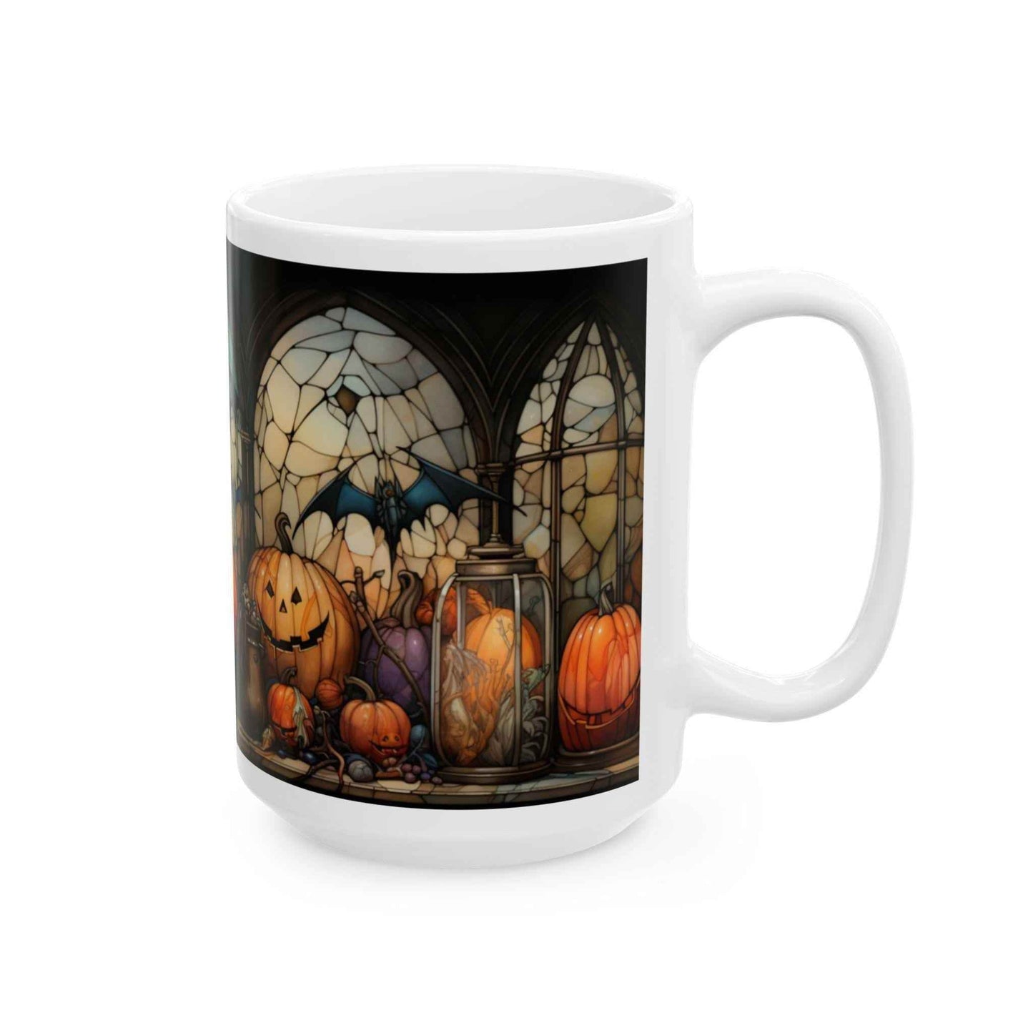 Halloween Coffee Mug - Cute Pumpkin Stained Glass Ceramic, 11oz Dishwasher Safe - timelessbohochic.com