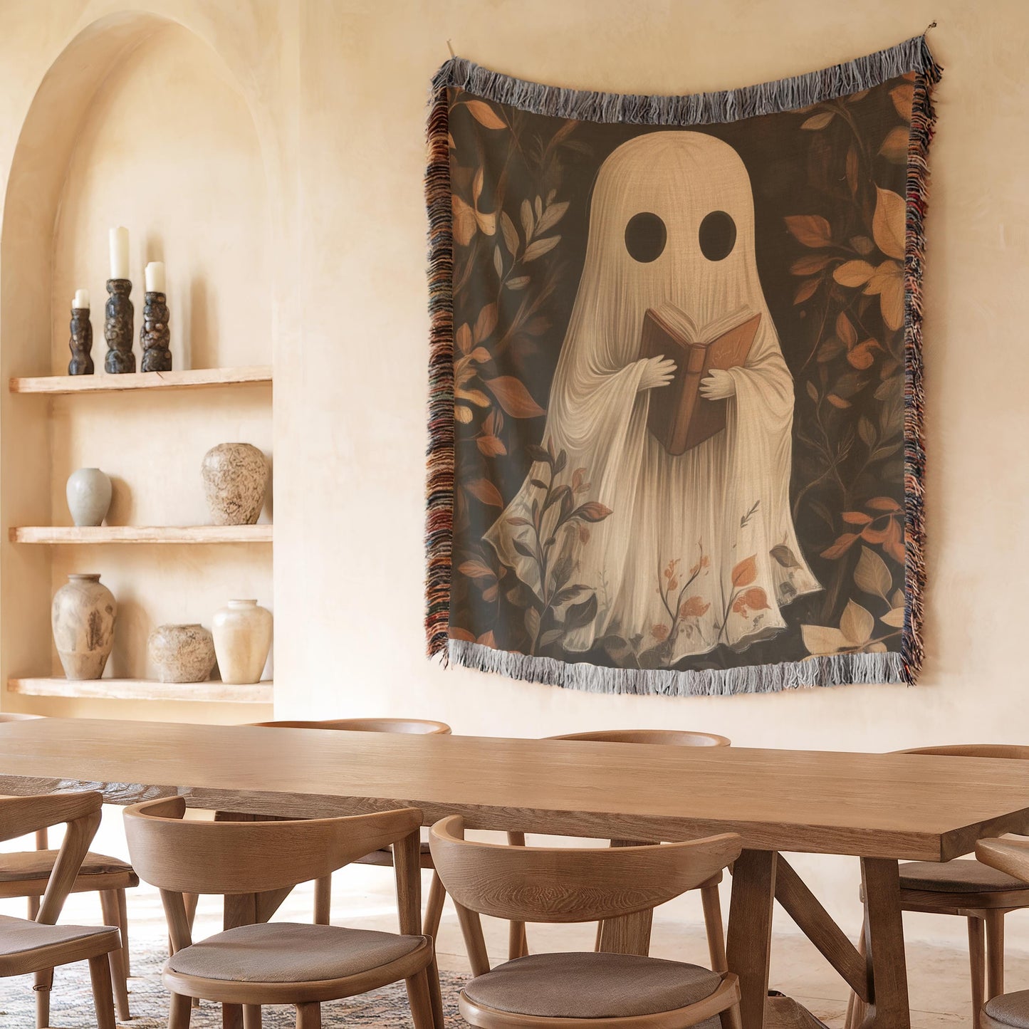 Cute Ghost Tapestry – Cozy Cotton Throw With Reading Ghost Design & Fringed Edge