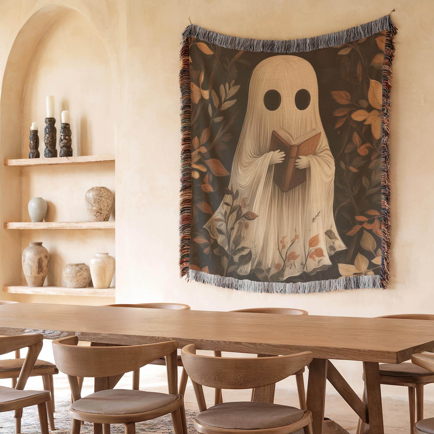 Cute Ghost Tapestry - Cozy Cotton Throw Featuring Adorable Reading Ghost Design - timelessbohochic.com