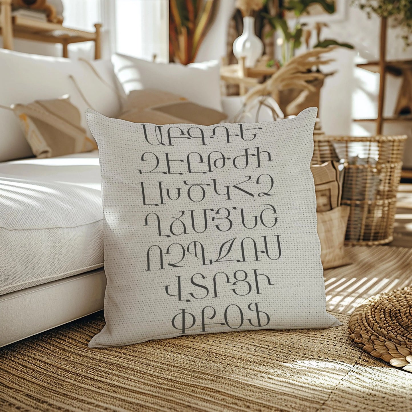 Armenian Cotton Blanket Set – Woven Throw Pillow With Hayeren Alphabet Coverlet