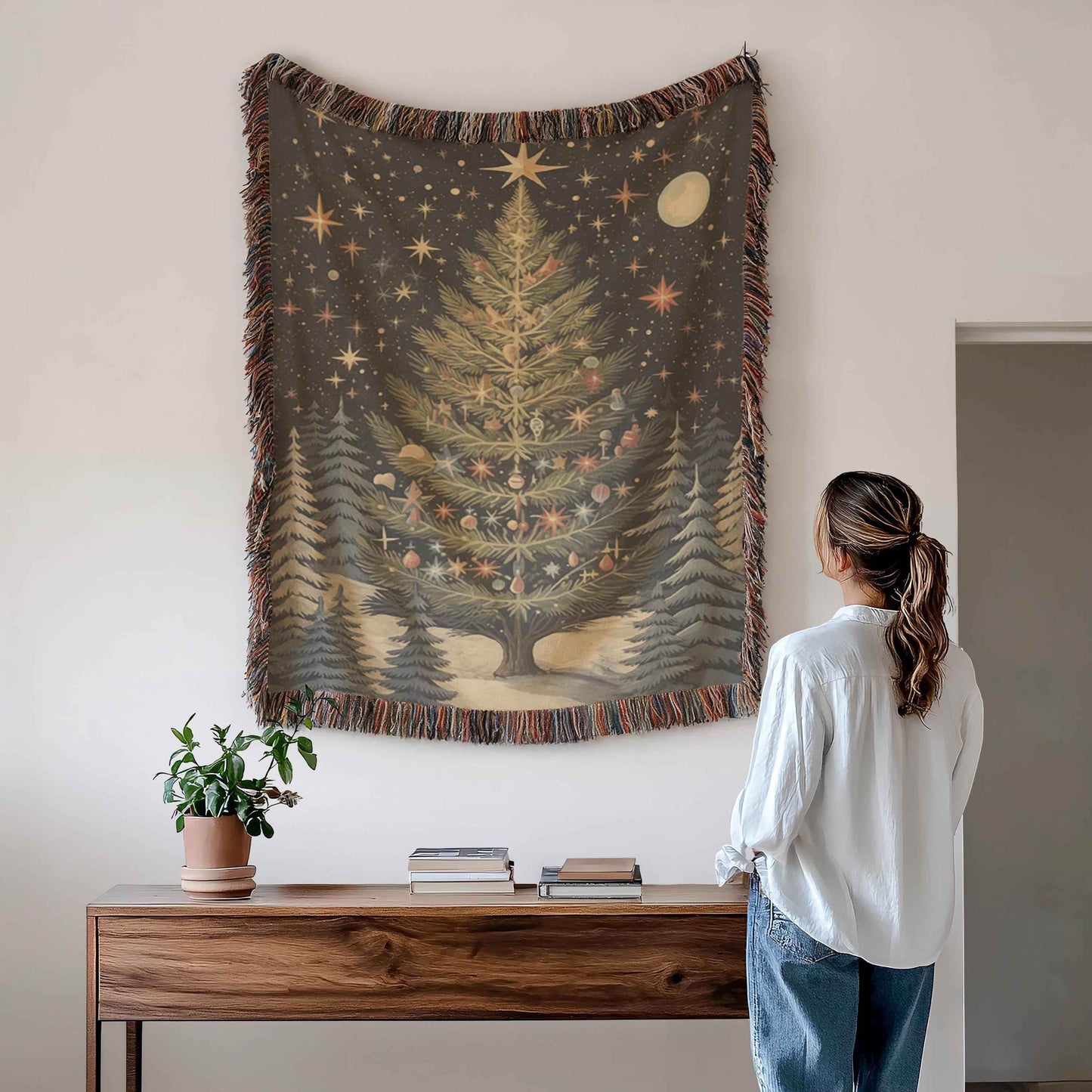Christmas Tapestry Wall Hanging - Festive Forest Decor Woven Cotton Blanket - timelessbohochic.com