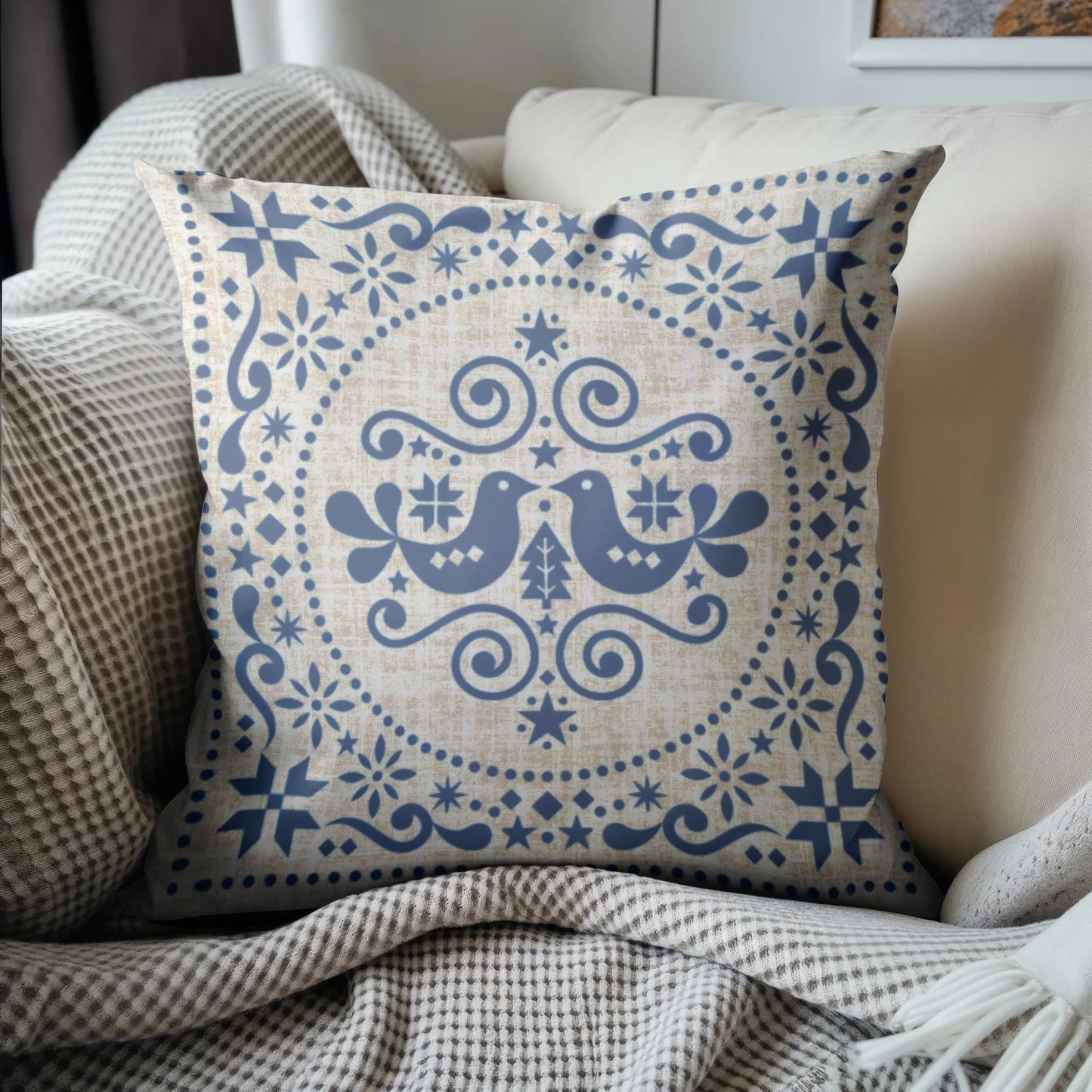 Blue Bird Cushion – Nordic Folk Pillow | Scandi Sofa Cushion | Woven Boho Throw