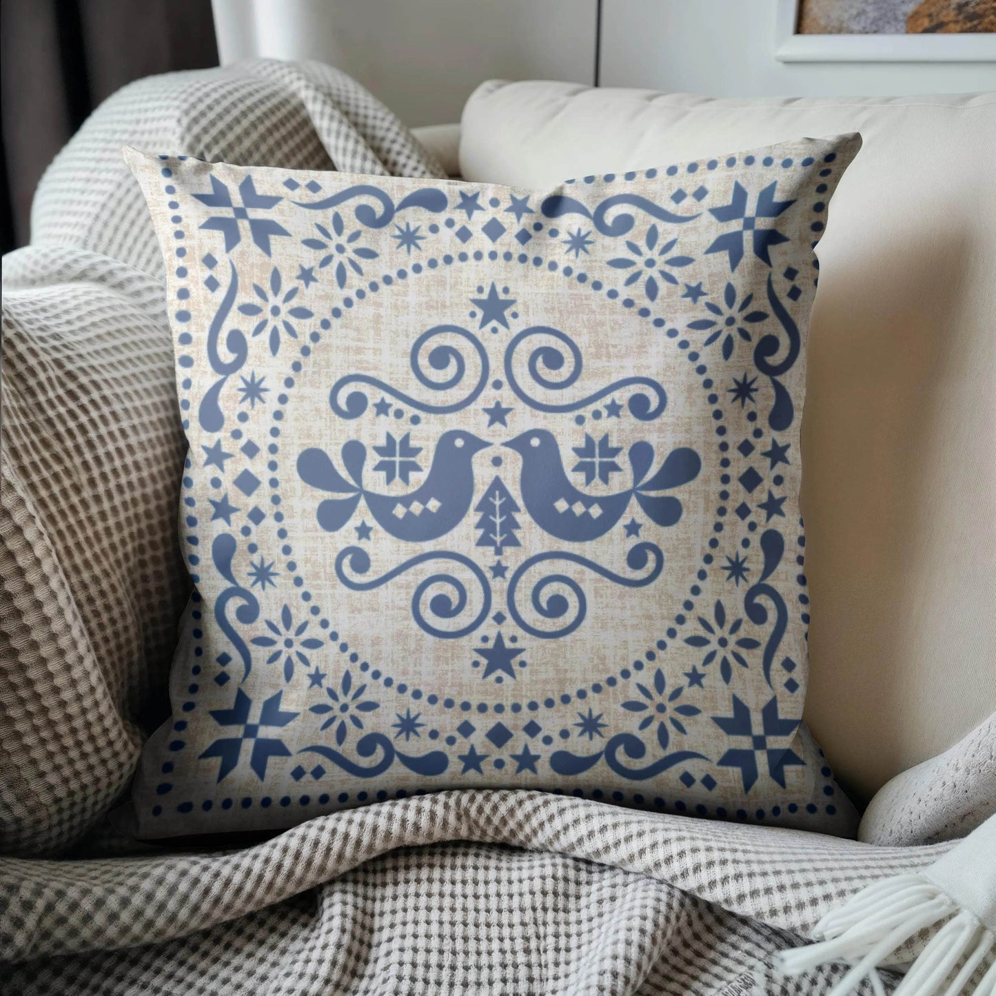 Blue Bird Cushion – Nordic Folk Pillow | Scandi Sofa Cushion | Woven Boho Throw - timelessbohochic.com