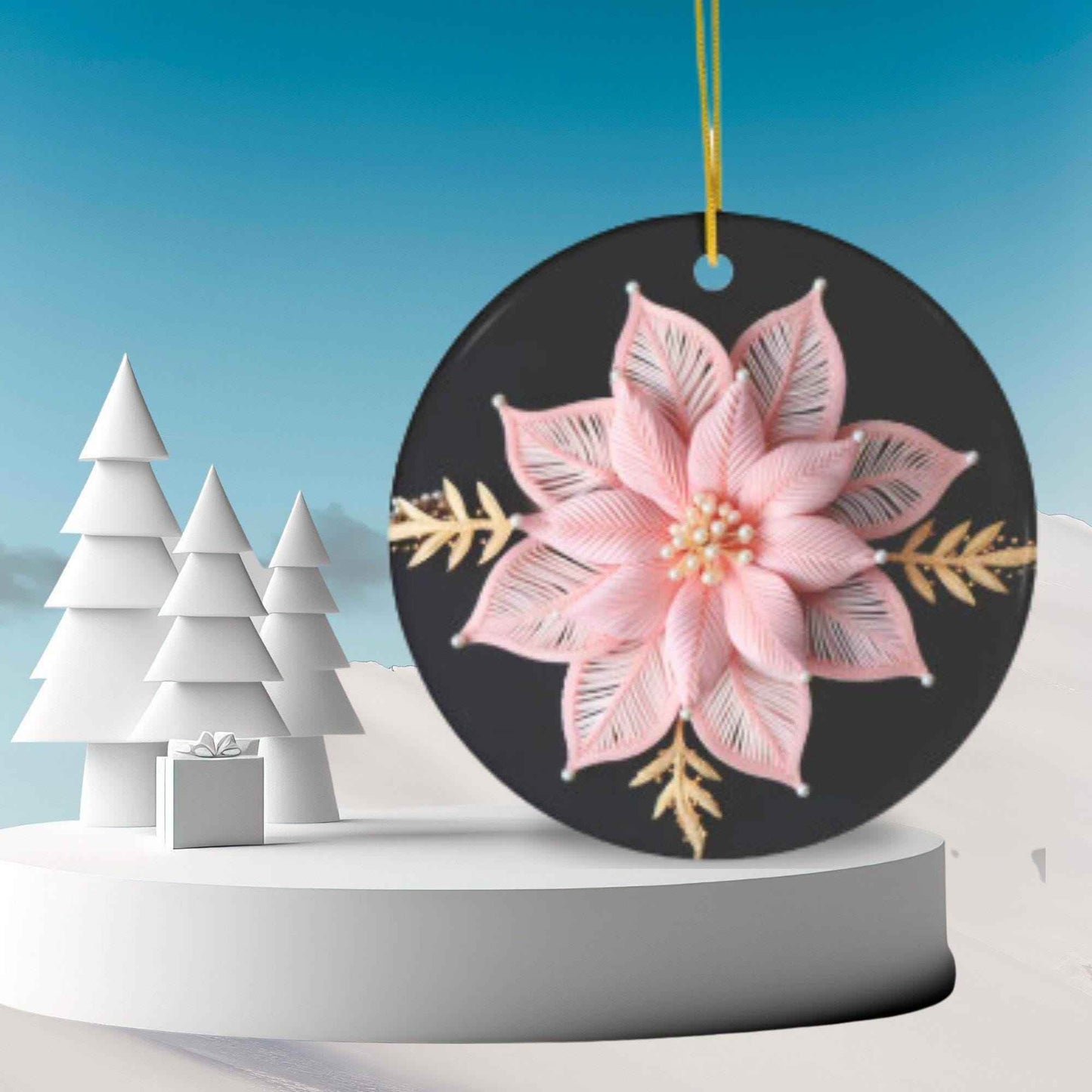 Pink Poinsettia Ornament - Gold Accented Ceramic Christmas Decoration Gift - timelessbohochic.com