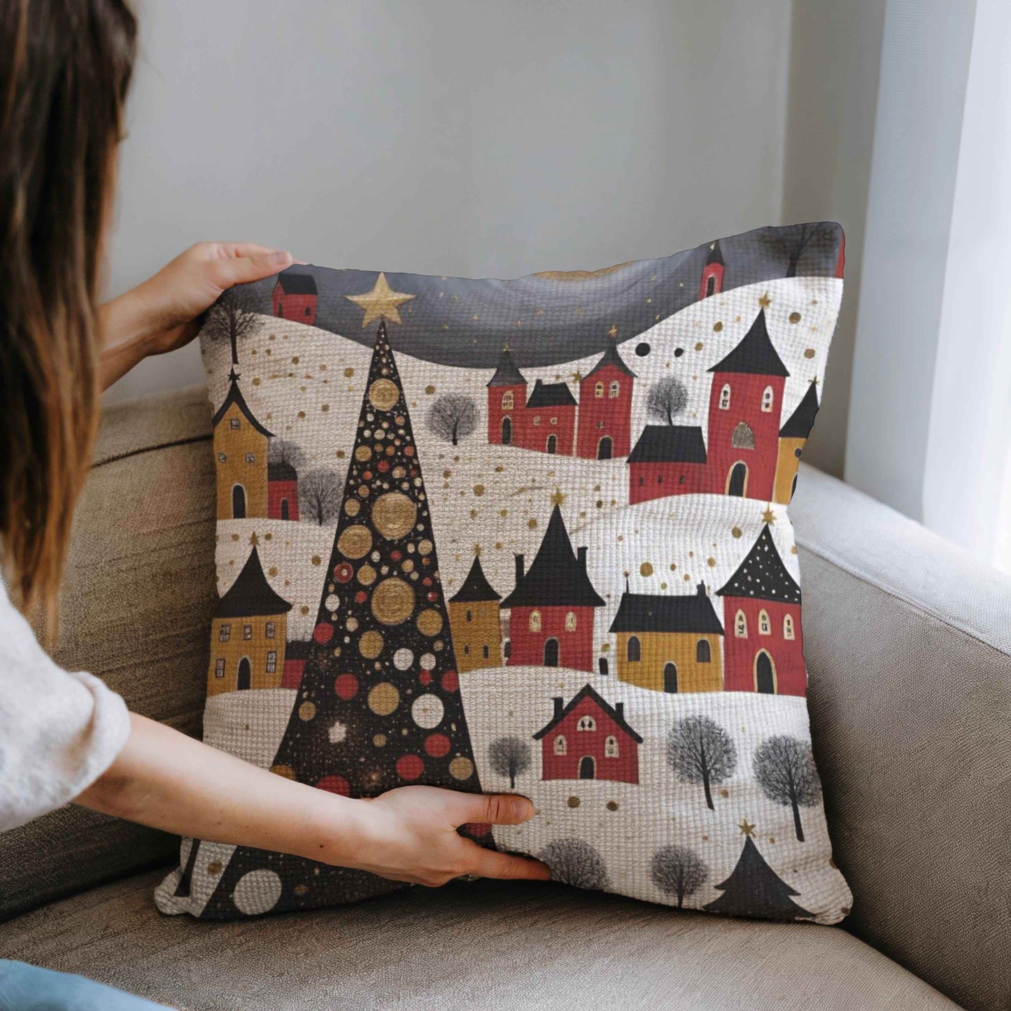 Christmas Landscape Pillow – Cozy Holiday Throw Pillow With Xmas Trees Under Moonlight - timelessbohochic.com