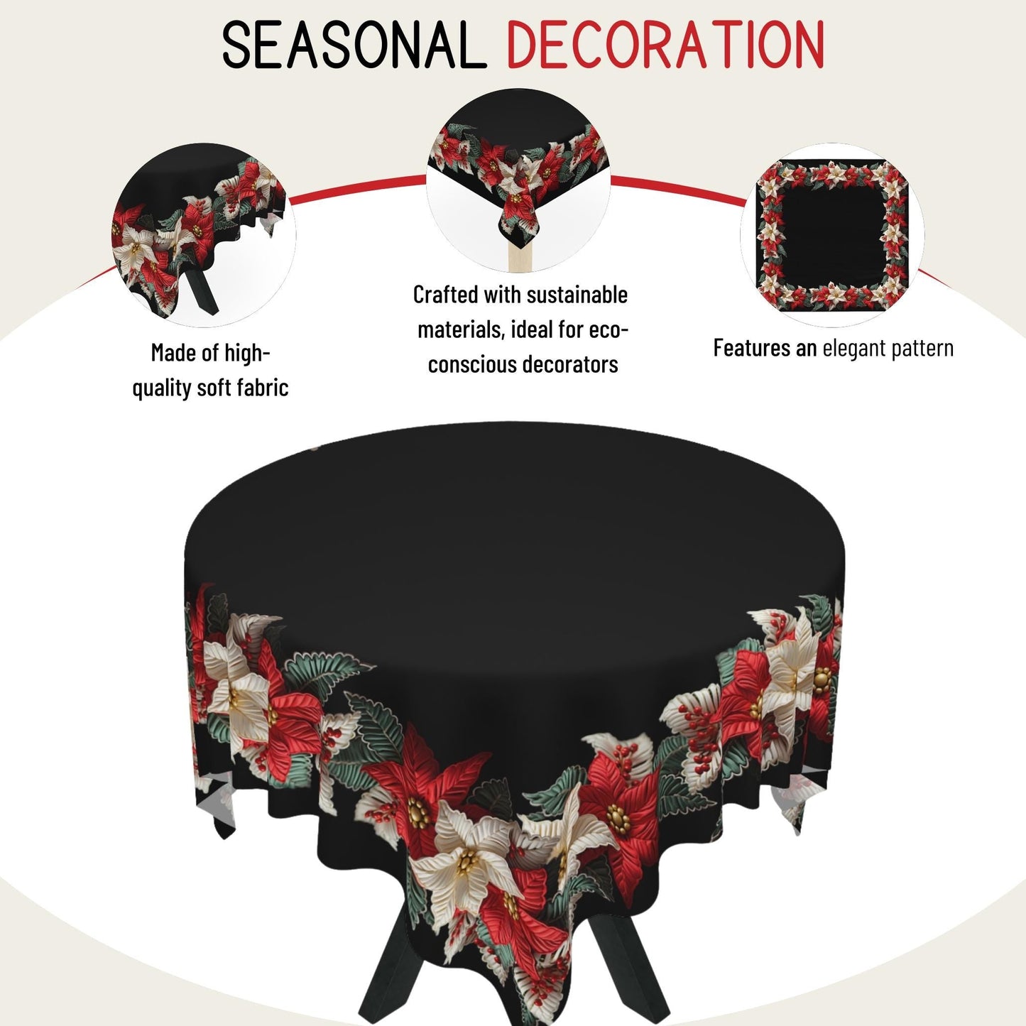 Holiday Tablecloth – Classic Christmas Linen with Poinsettia Pattern, Durable Polyester Fabric