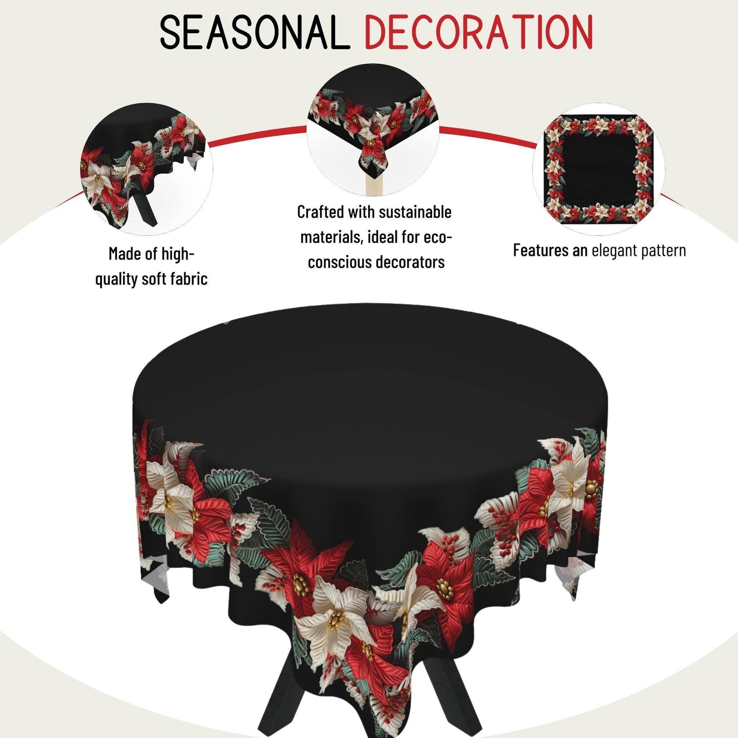 Holiday Tablecloth – Classic Christmas Linen with Poinsettia Pattern, Durable Polyester Fabric - timelessbohochic.com