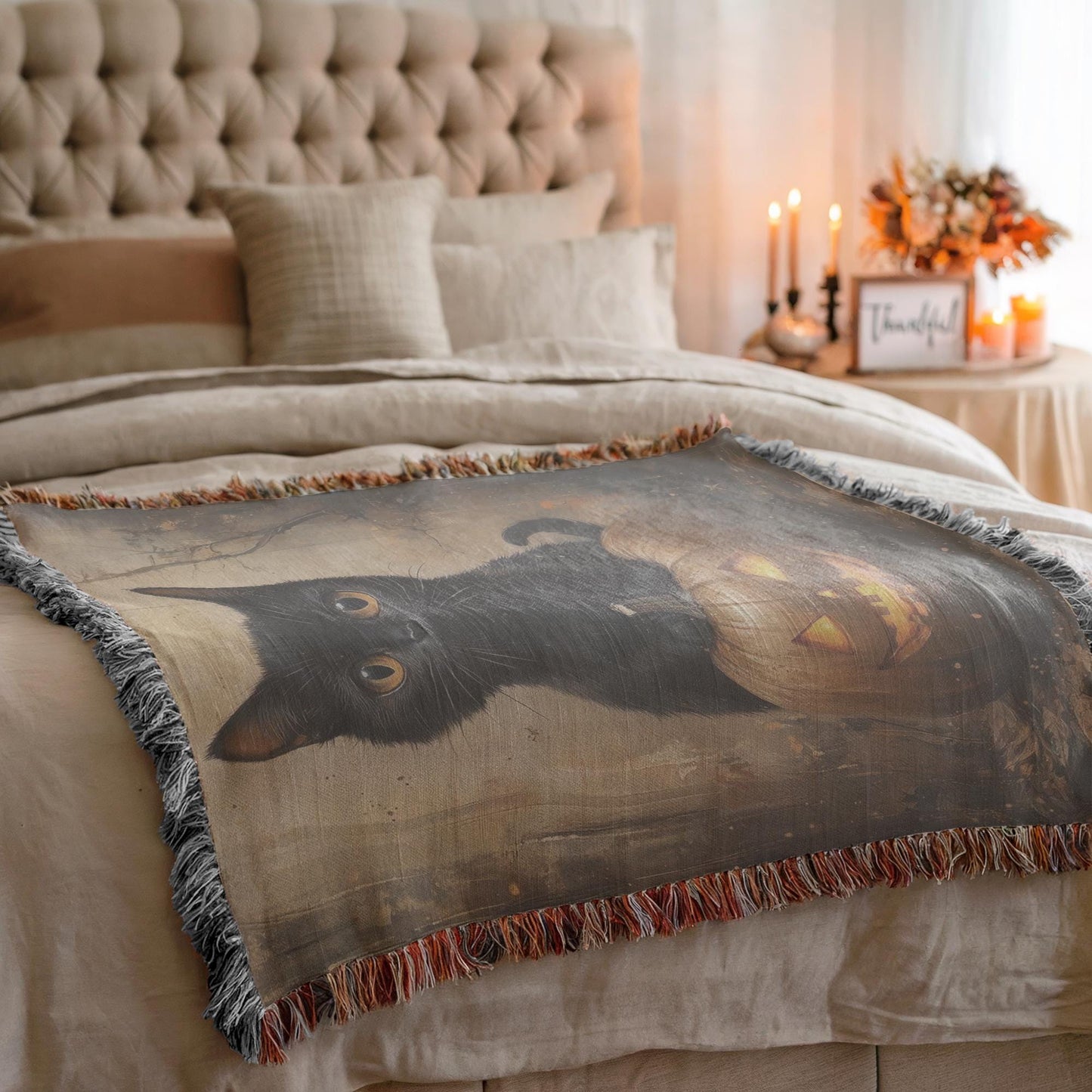 Halloween Woven Blanket - Black Cat Pumpkin Throw With Fringed Edge Cozy Decor