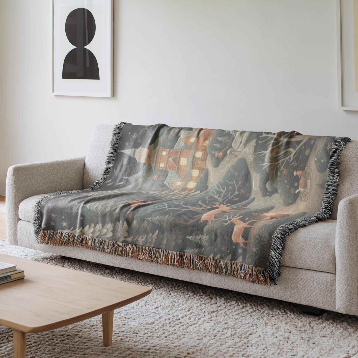 Festive Woven Blanket – Christmas Tree Tapestry With Reindeer & Magical Castle Throw - timelessbohochic.com
