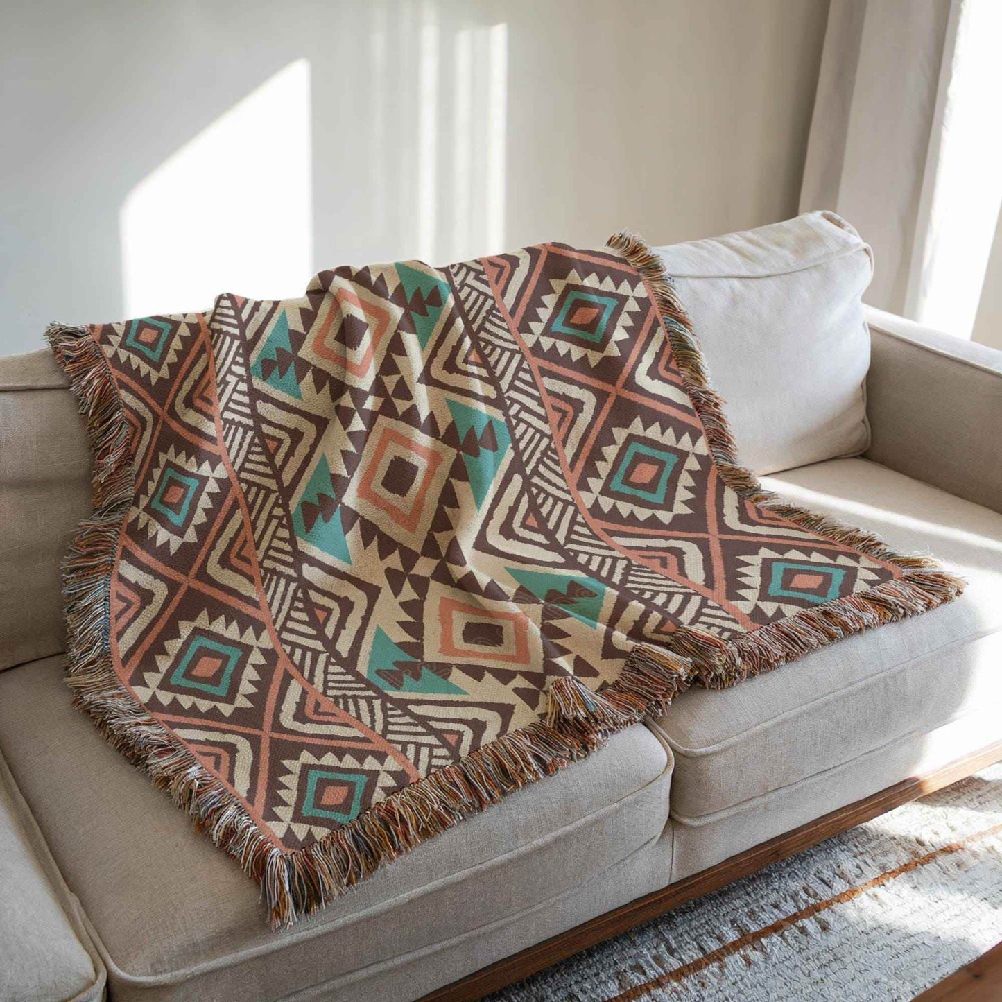 Navajo Blanket - Cozy Southwestern Throw With Geometric Pattern & Fringed Edge - timelessbohochic.com
