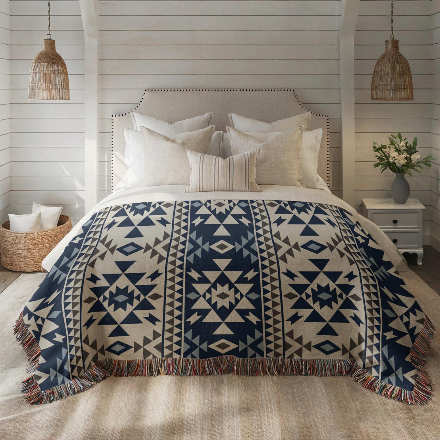 Native American Blanket – Tribal Pattern Cotton Throw With Colorful Fringed Edges