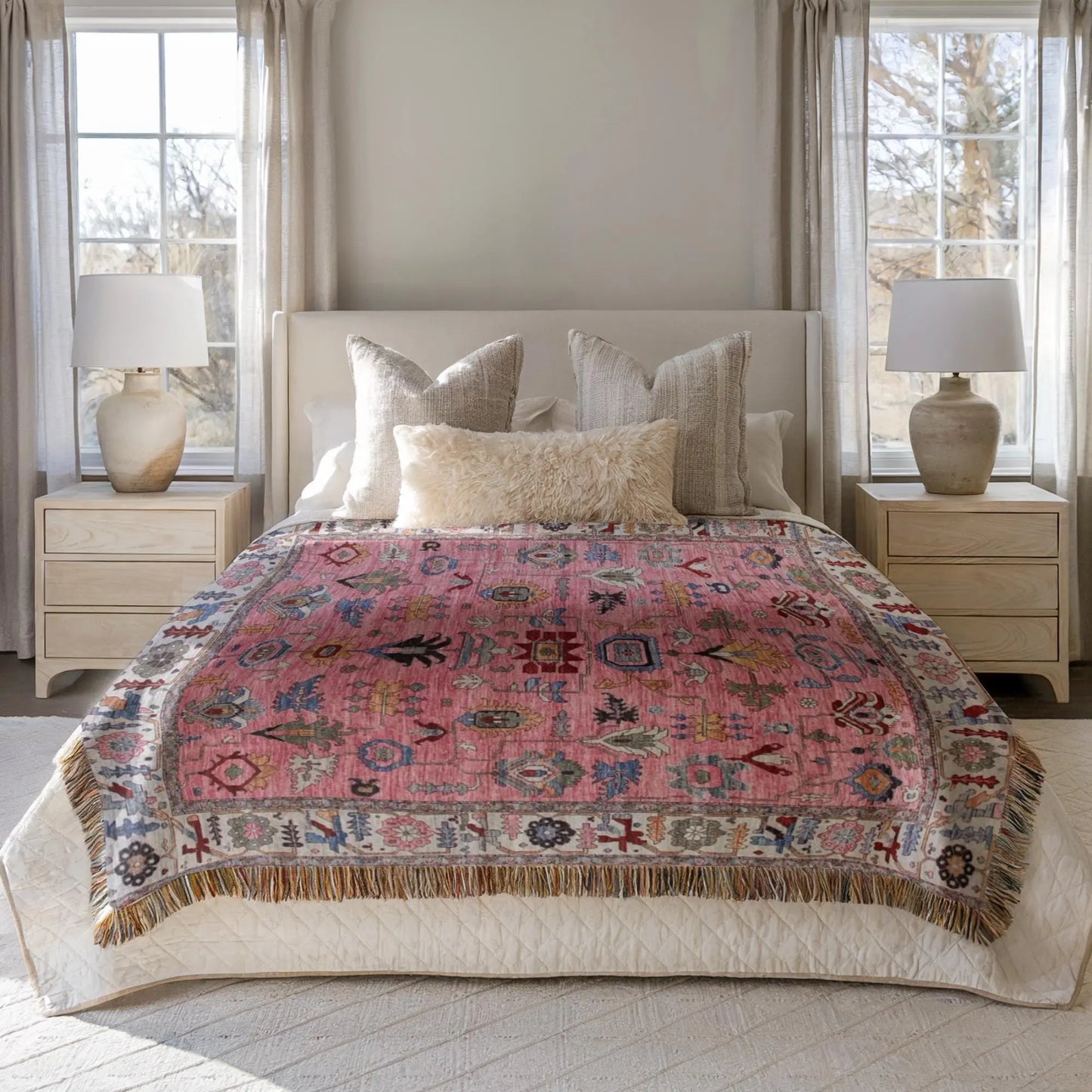 Turkish Woven Blanket – Soft Cotton Throw with Colorful Fringed Edges | Boho Bedspread
