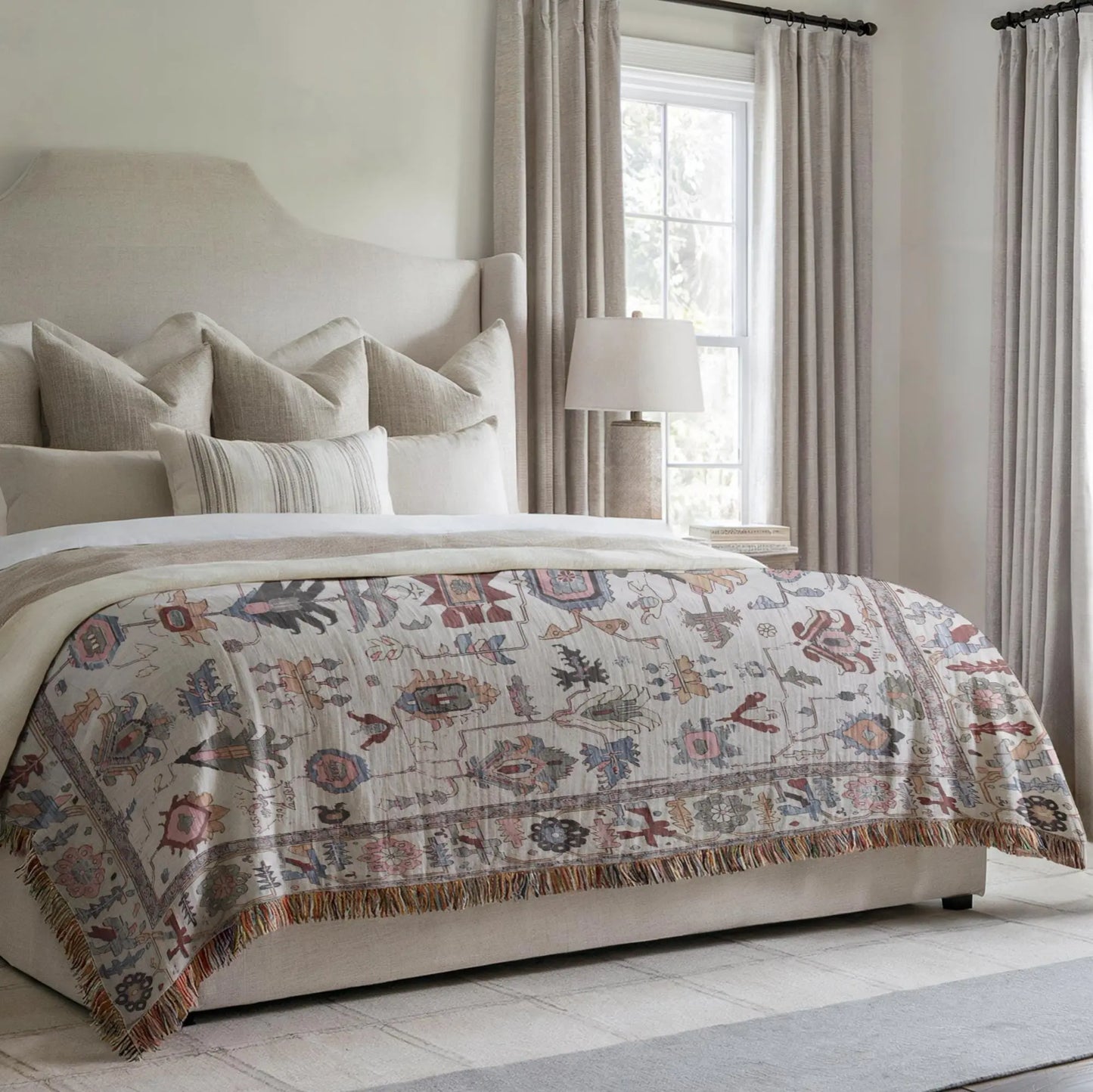 Anatolian Woven Blanket - Ethnic Tapestry Throw With Colorful Fringed Edges