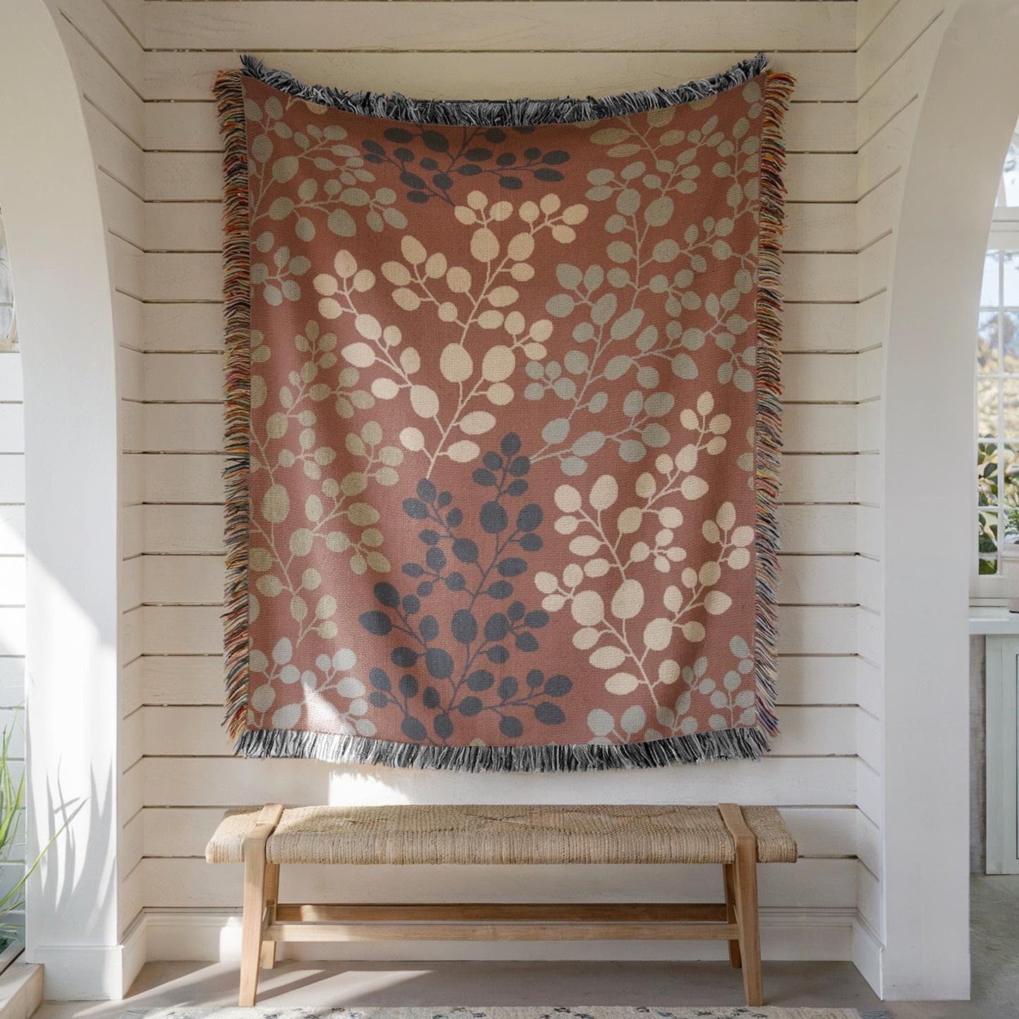 Woven Tapestry - Japanese Style Floral Textile Wall Hanging with Fringed Edges
