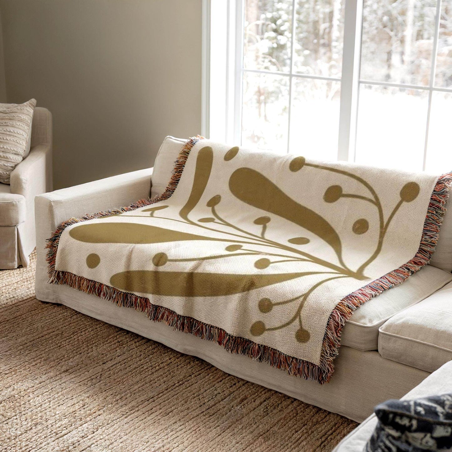 Mid Century Modern Blanket - Woven Cotton Throw With Botanical Pattern & Colorful Fringed Edges - timelessbohochic.com