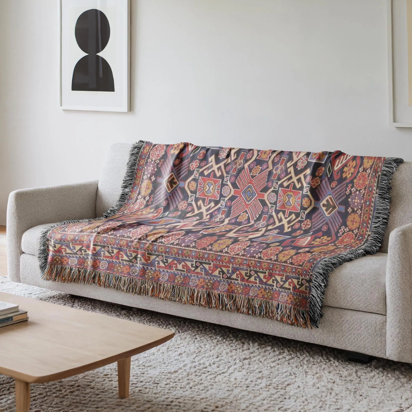 Cotton Throw Blanket – Boho Turkish Rug Patterned Woven Textile with Fringed Edges