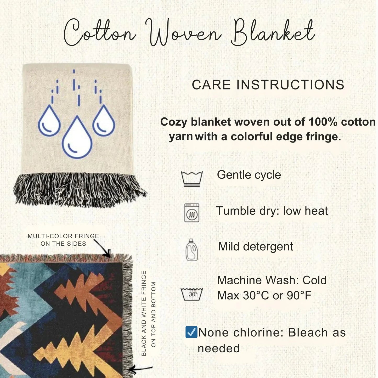 Woven Blanket - Turkish Throw With Anatolian Pattern & Colorful Fringed Edges