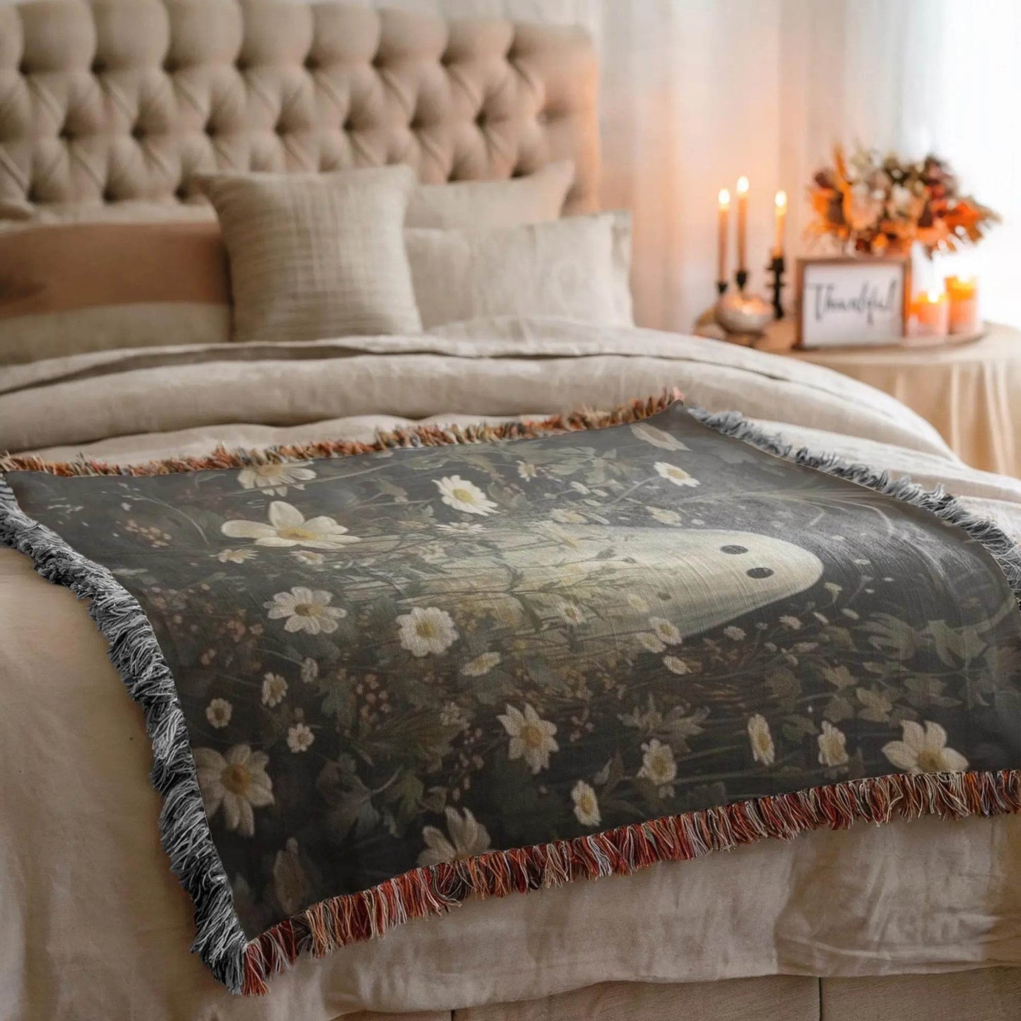 Halloween Woven Blanket - Cozy Throw With Cute Ghost Design & Floral Wildflowers - timelessbohochic.com