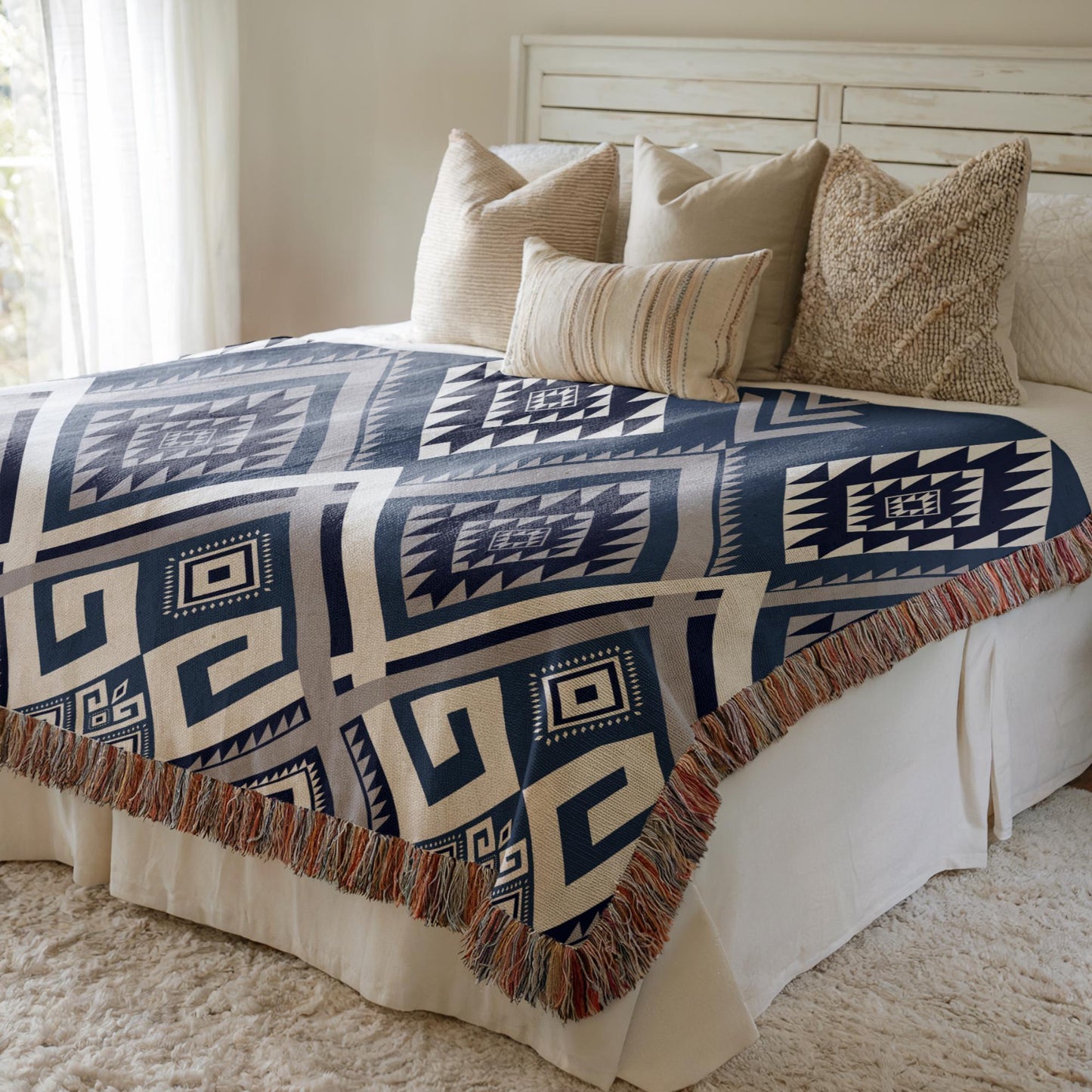 Woven Aztec Blanket - Soft Cotton Throw With Tribal Geometric Design & Colorful Fringe