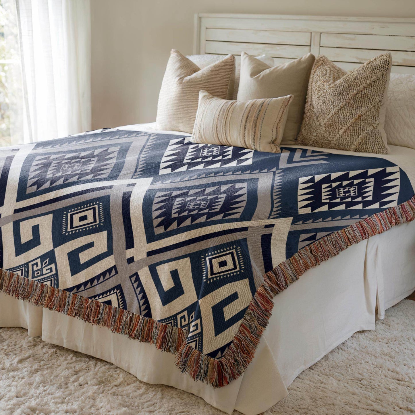 Woven Aztec Blanket - Soft Cotton Throw With Tribal Geometric Design & Colorful Fringe - timelessbohochic.com