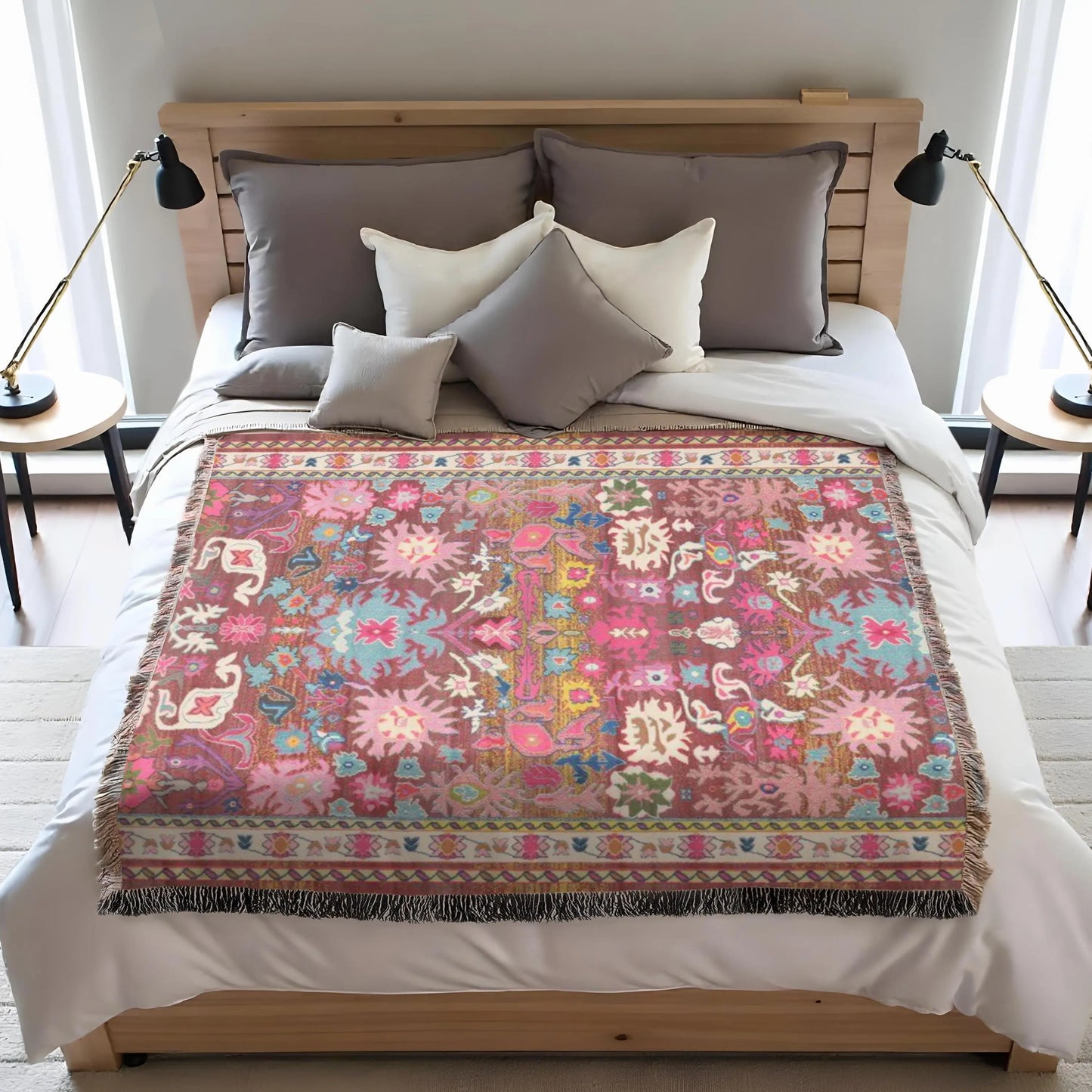 Persian Rug Throw Blanket - Woven Cotton Cozy Living Room Blanket with Colorful Fringed Edges