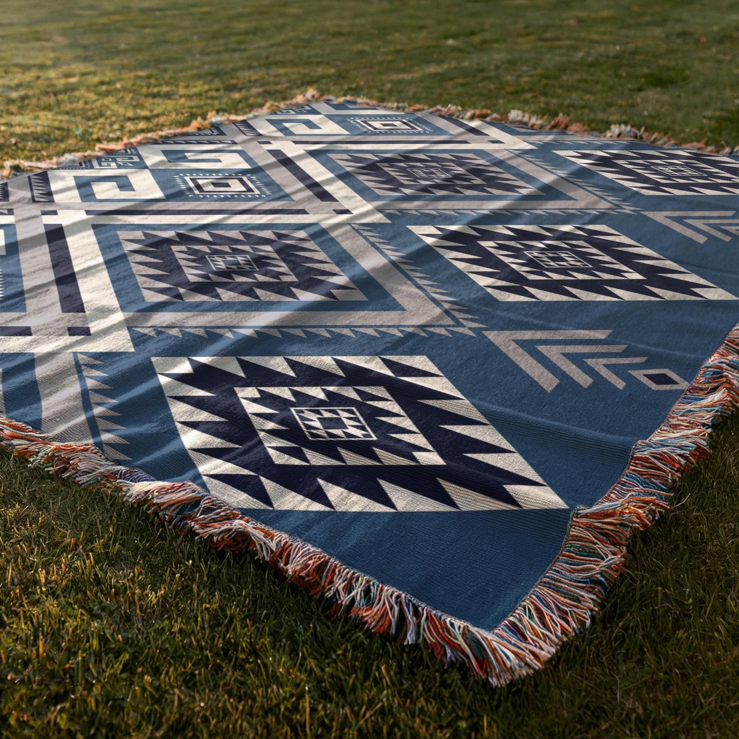 Personalized Woven Blanket – Aztec Pattern Throw | Outdoor Picnic Blanket with Colorful Fringed Edges