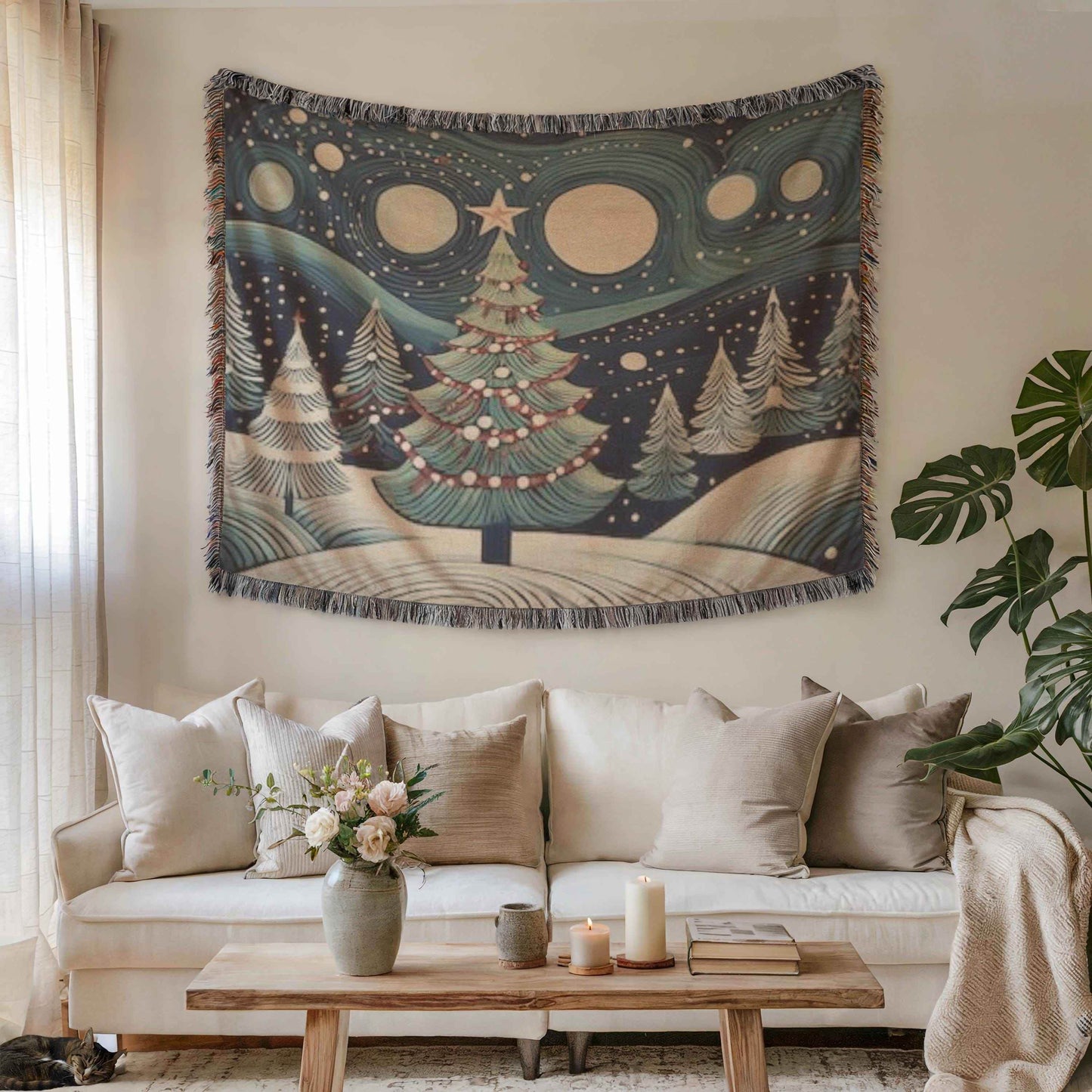 Festive Forest Wall Hanging – Christmas Tree Art Woven Cotton Throw Blanket - timelessbohochic.com