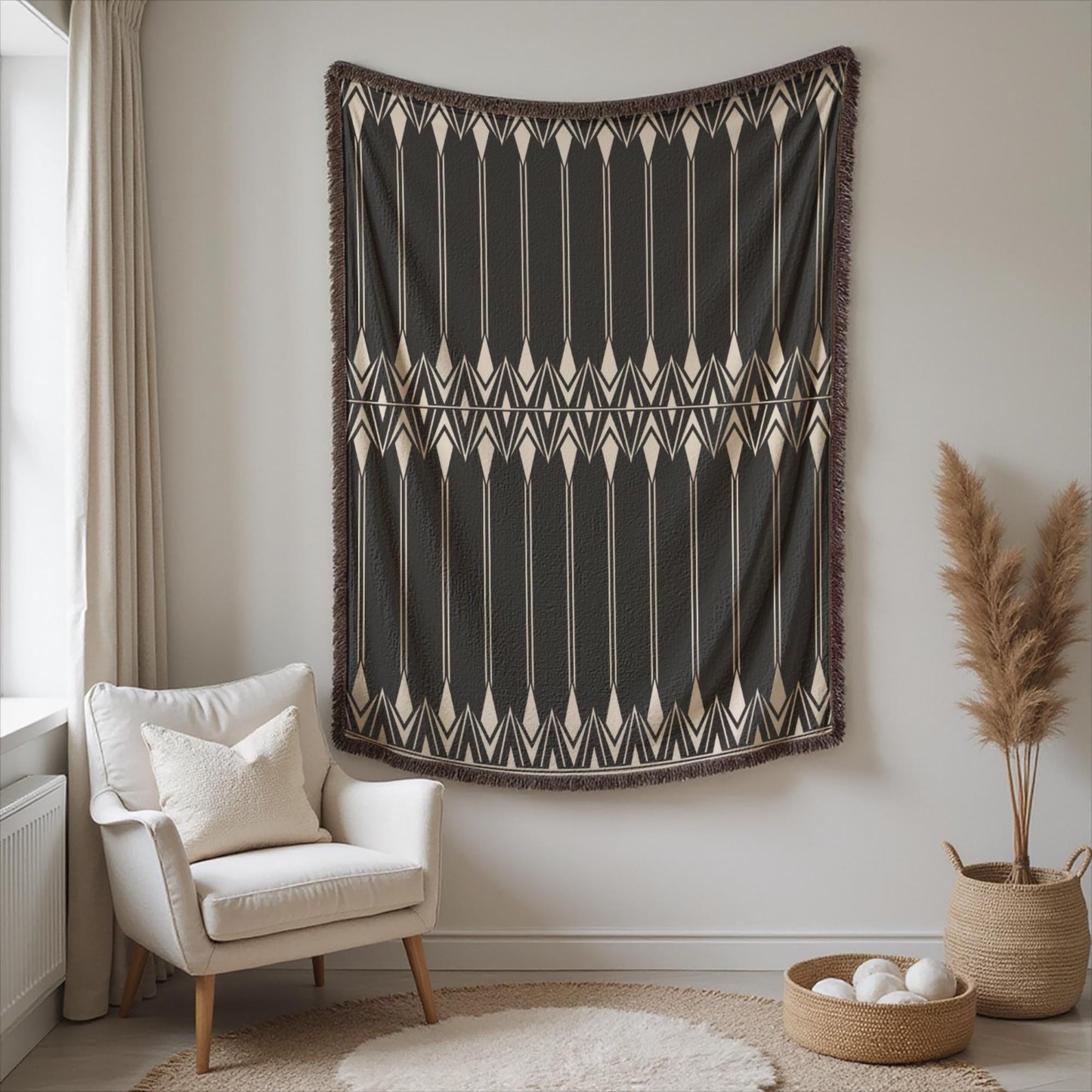 Black White Tapestry – Modern Wall Art Boho Hanging with Geometric Cotton Coverlet