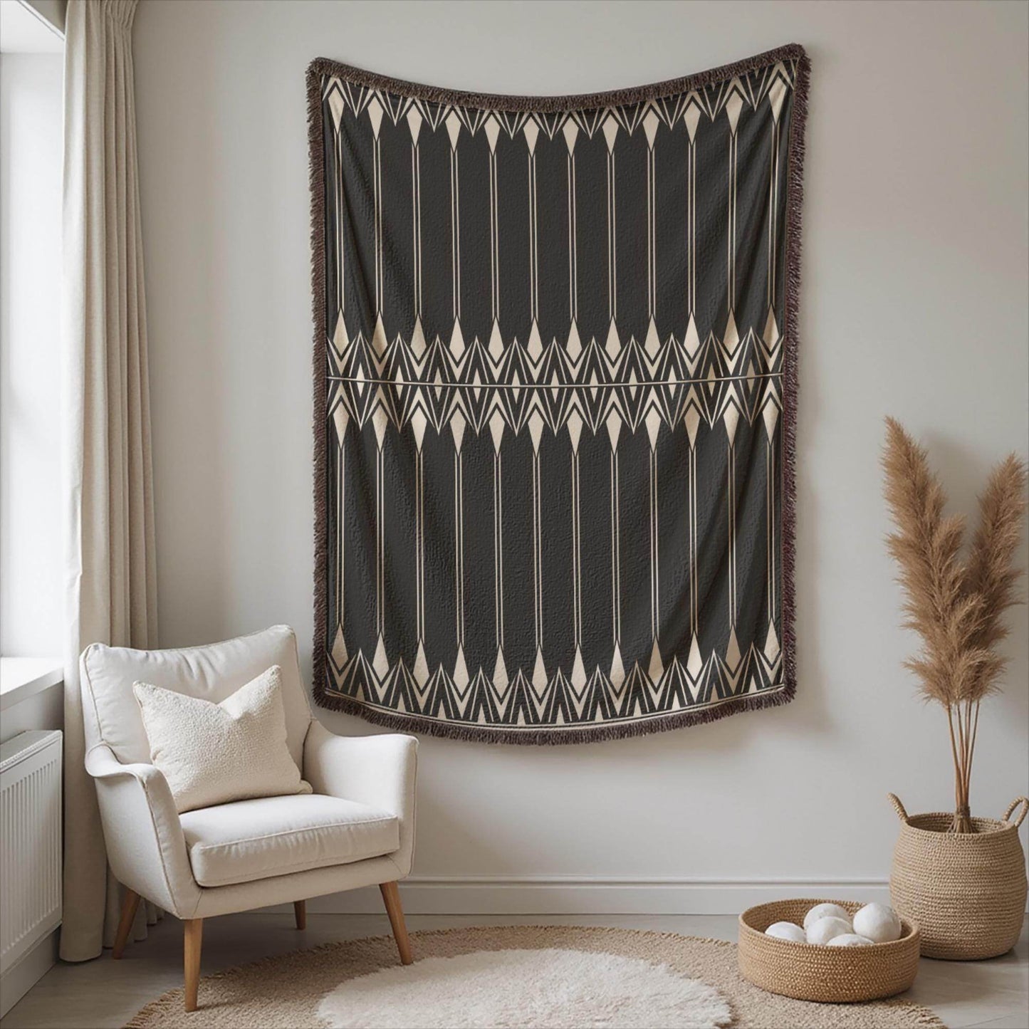 Black White Tapestry – Modern Wall Art Boho Hanging with Geometric Cotton Coverlet - timelessbohochic.com