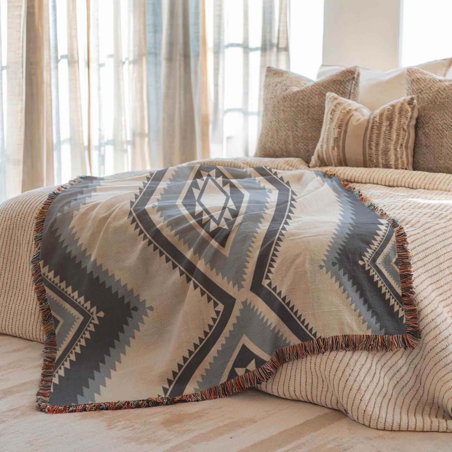 Navajo Woven Blanket – Tribal Geometric Throw | Soft Durable Cotton Cozy Blanket - timelessbohochic.com