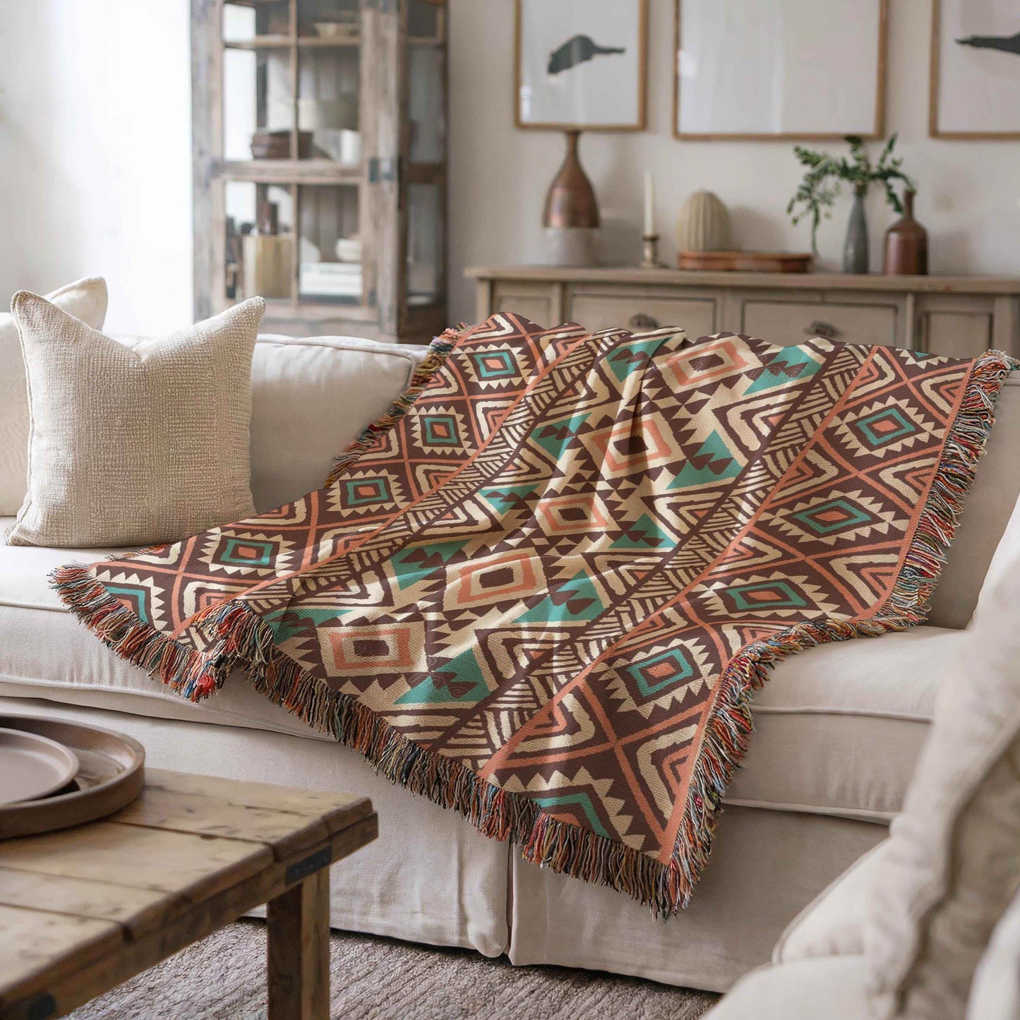 Navajo Blanket - Cozy Southwestern Throw With Geometric Pattern & Fringed Edge - timelessbohochic.com