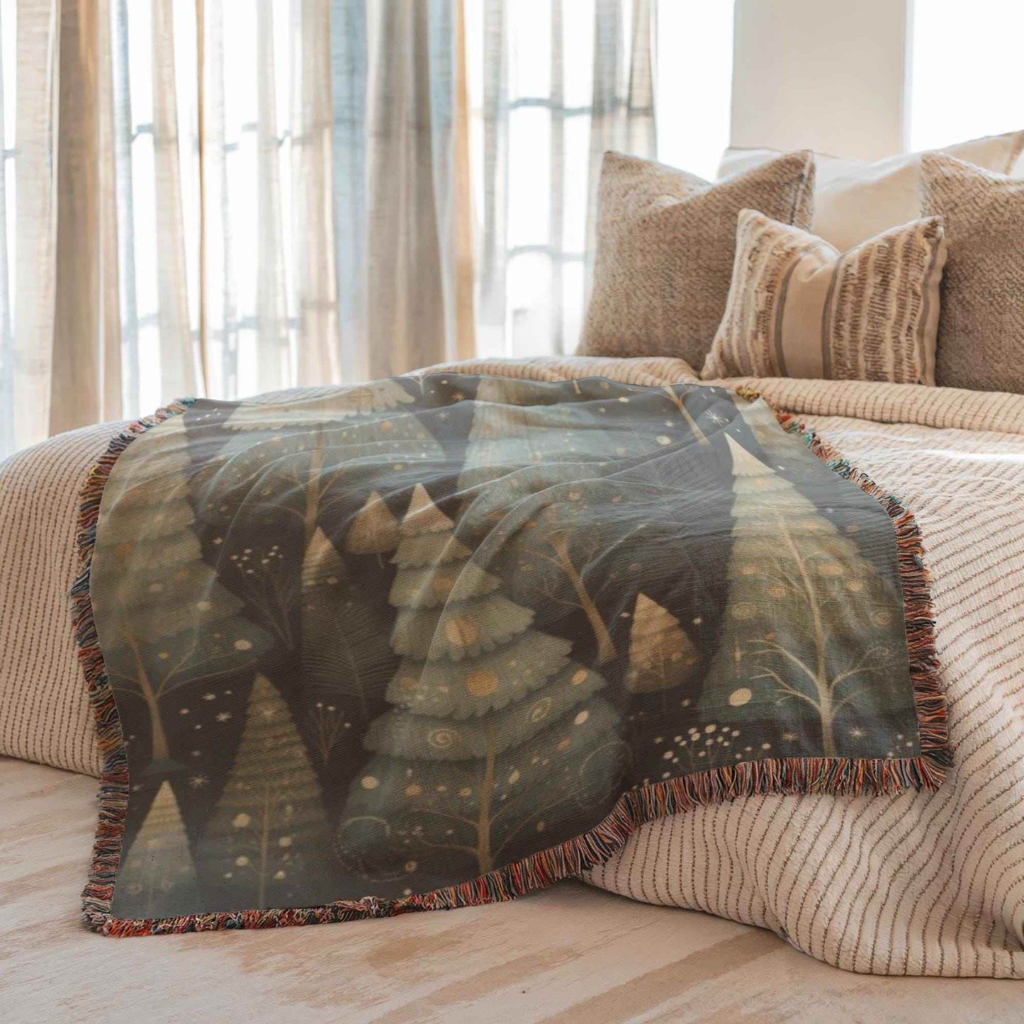 Festive Forest Blanket – Woven Cotton Throw with Xmas Tree Design, Cozy Winter Cover - timelessbohochic.com