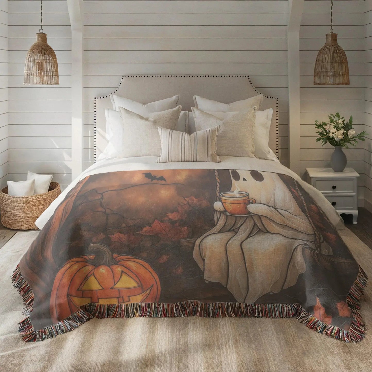 Woven Ghost Blanket – Cozy Throw Blanket with Pumpkin Moon Design | Spooky Home Decor